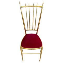Sedia da vanità o laterale in ottone e velluto rosso di Chiavari, Italia, anni '60