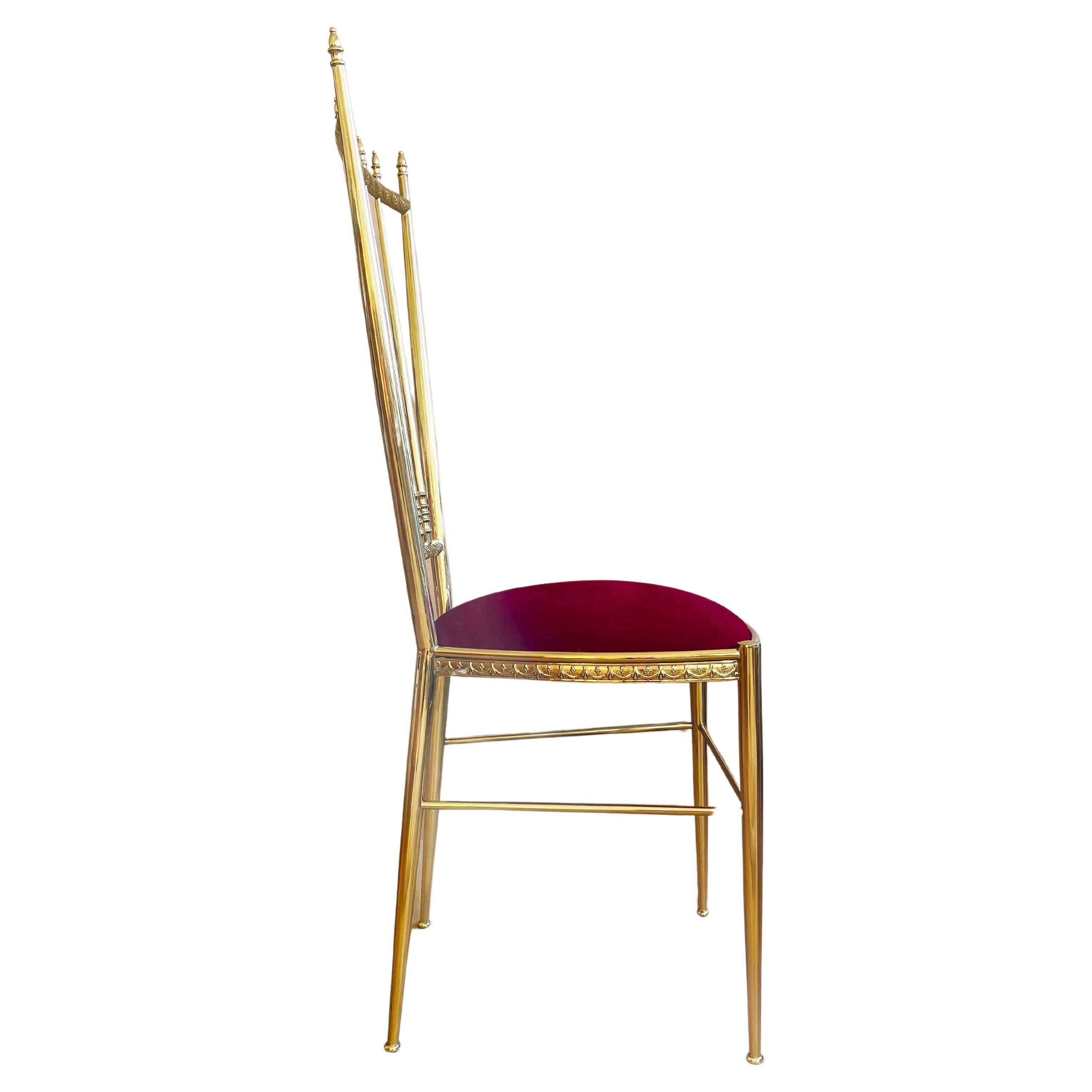 Regency Italian Brass & Red Velvet Chiavari Style Vanity or Side Chair, 1960s Italy For Sale
