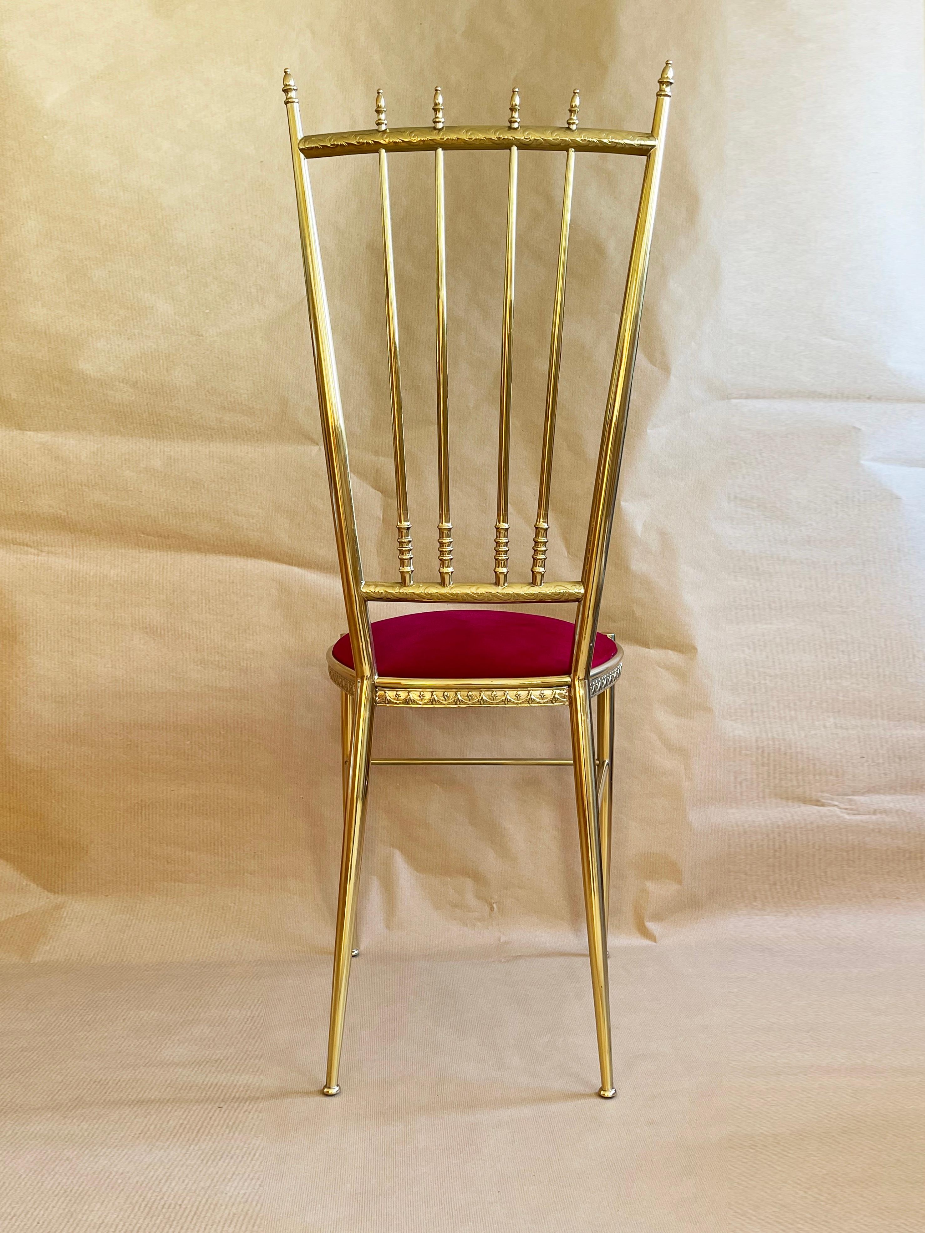 Hand-Crafted Italian Brass & Red Velvet Chiavari Style Vanity or Side Chair, 1960s Italy