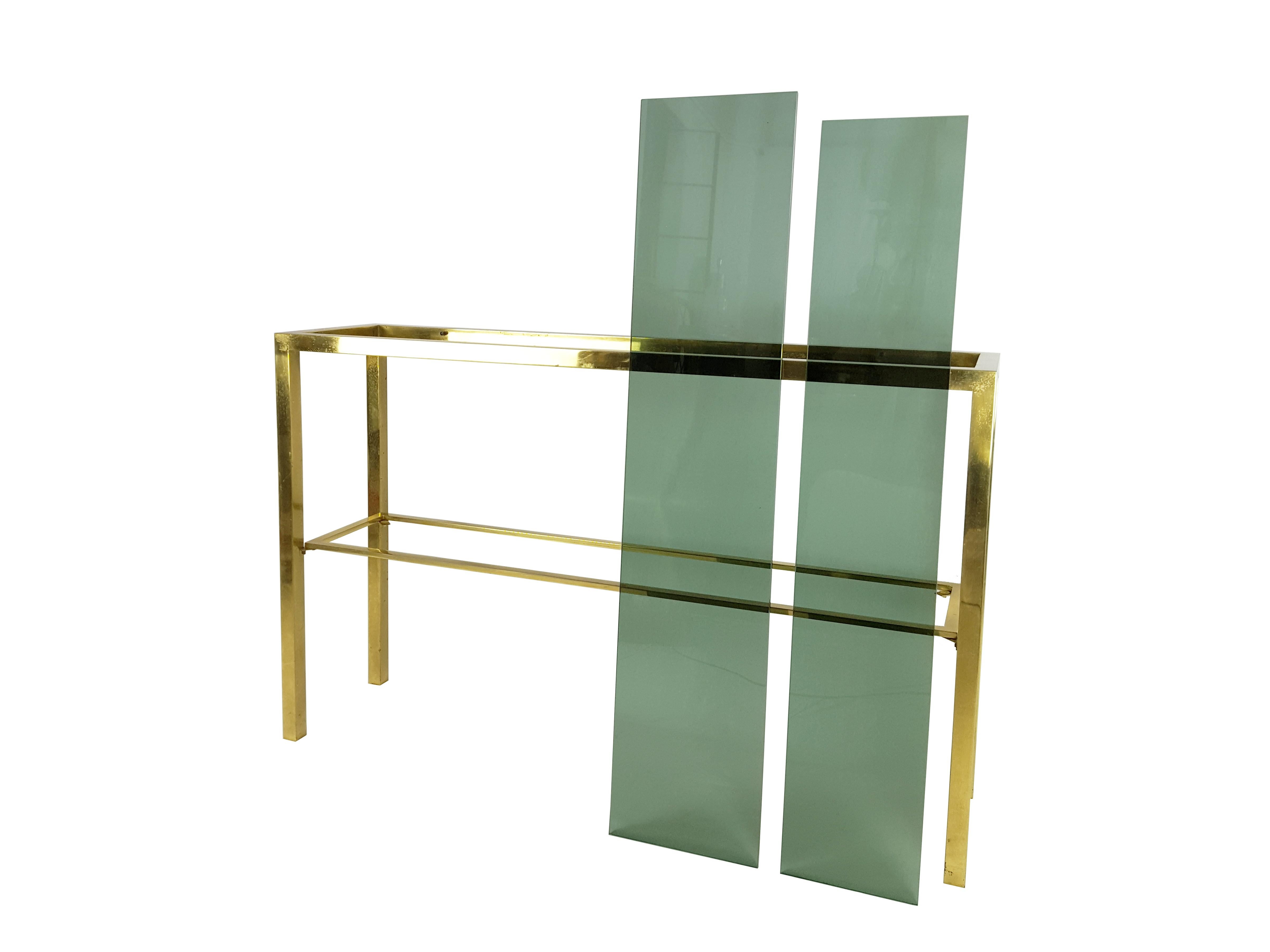 Italian Brass and Smoked Glass 1970s Console with 2 Shelves 5