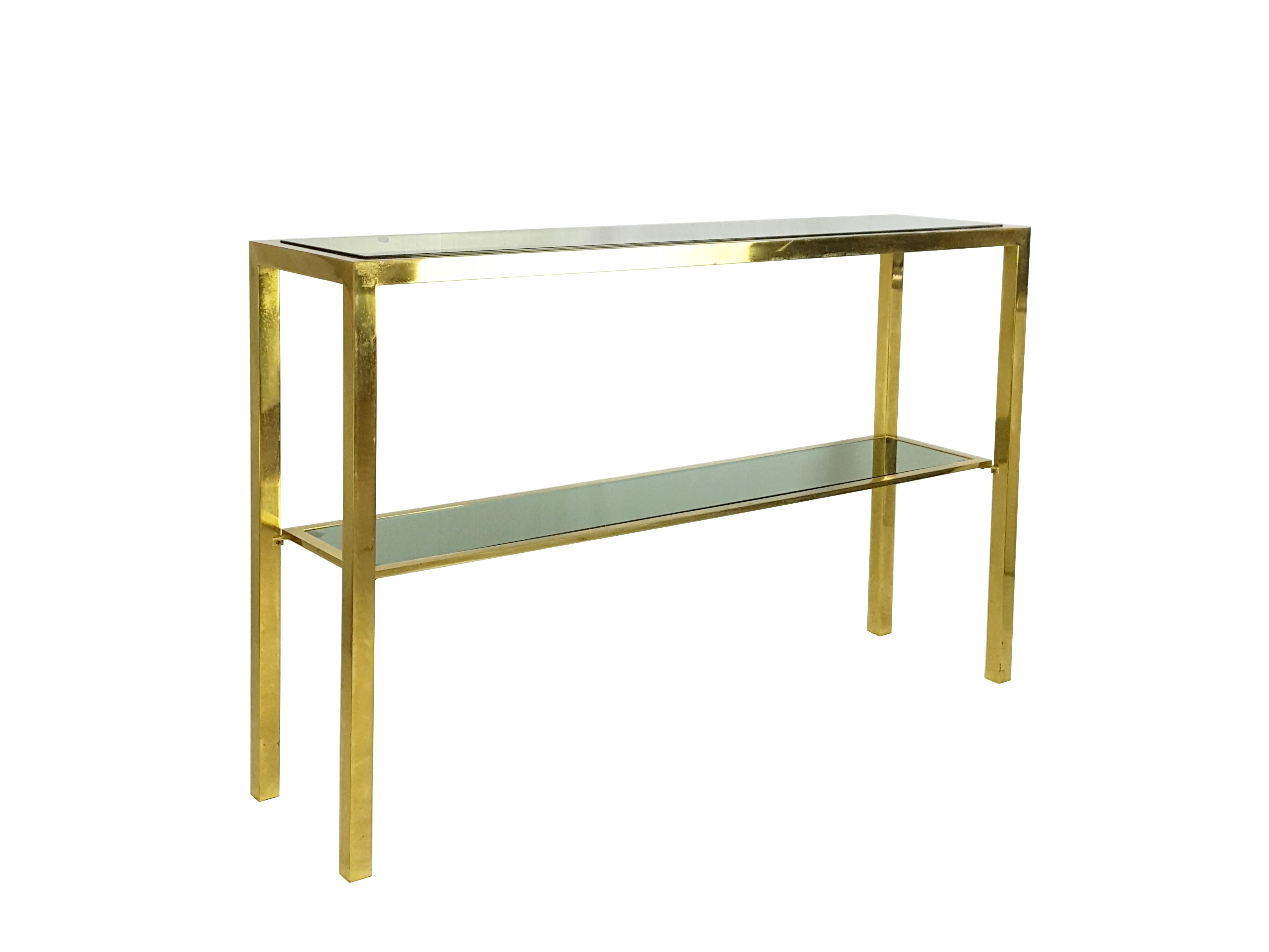 Hollywood Regency Italian Brass and Smoked Glass 1970s Console with 2 Shelves