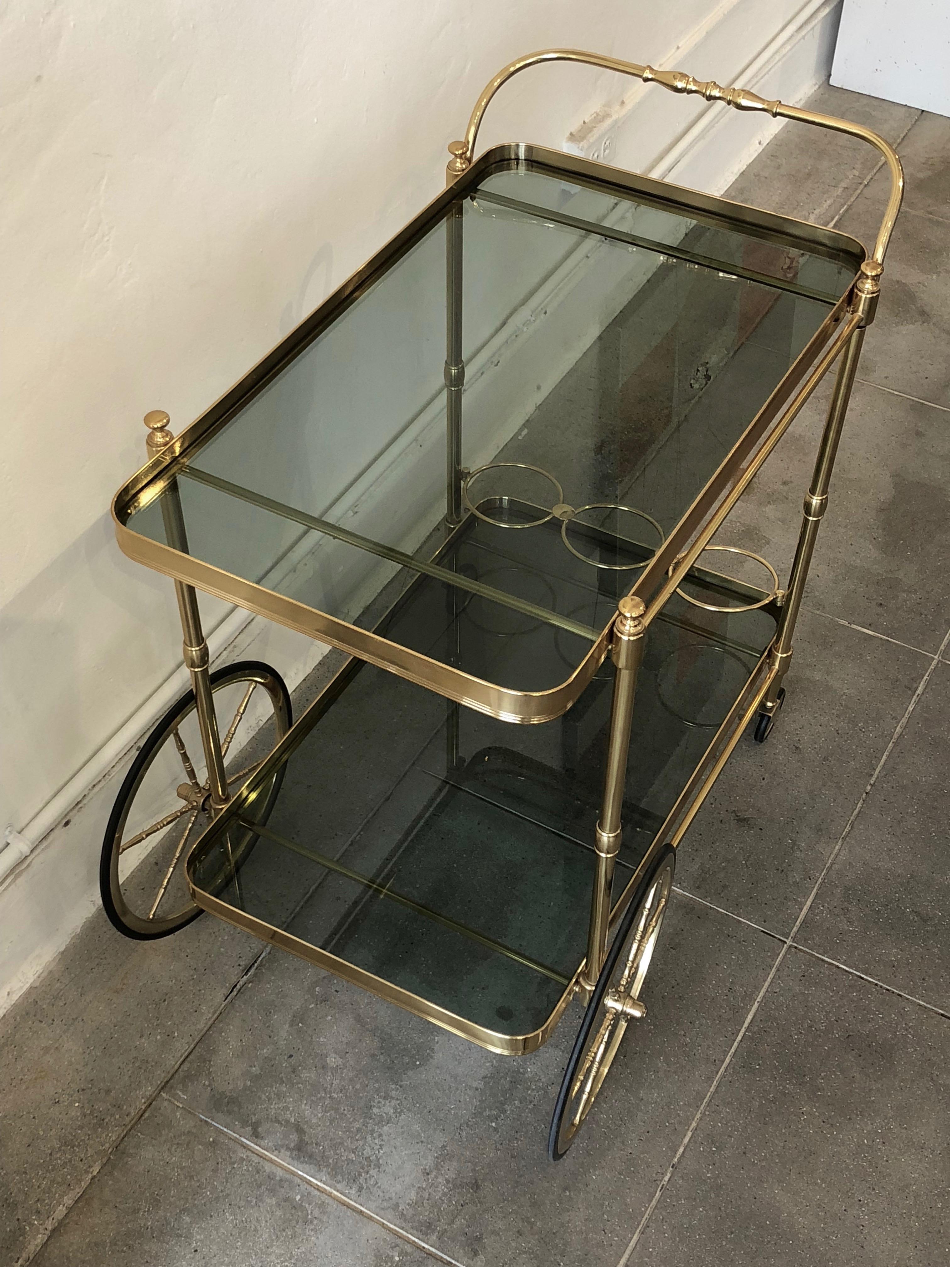 Italian Brass Smokey Grey Glass Two Tiered Bar Cart or Trolley 6