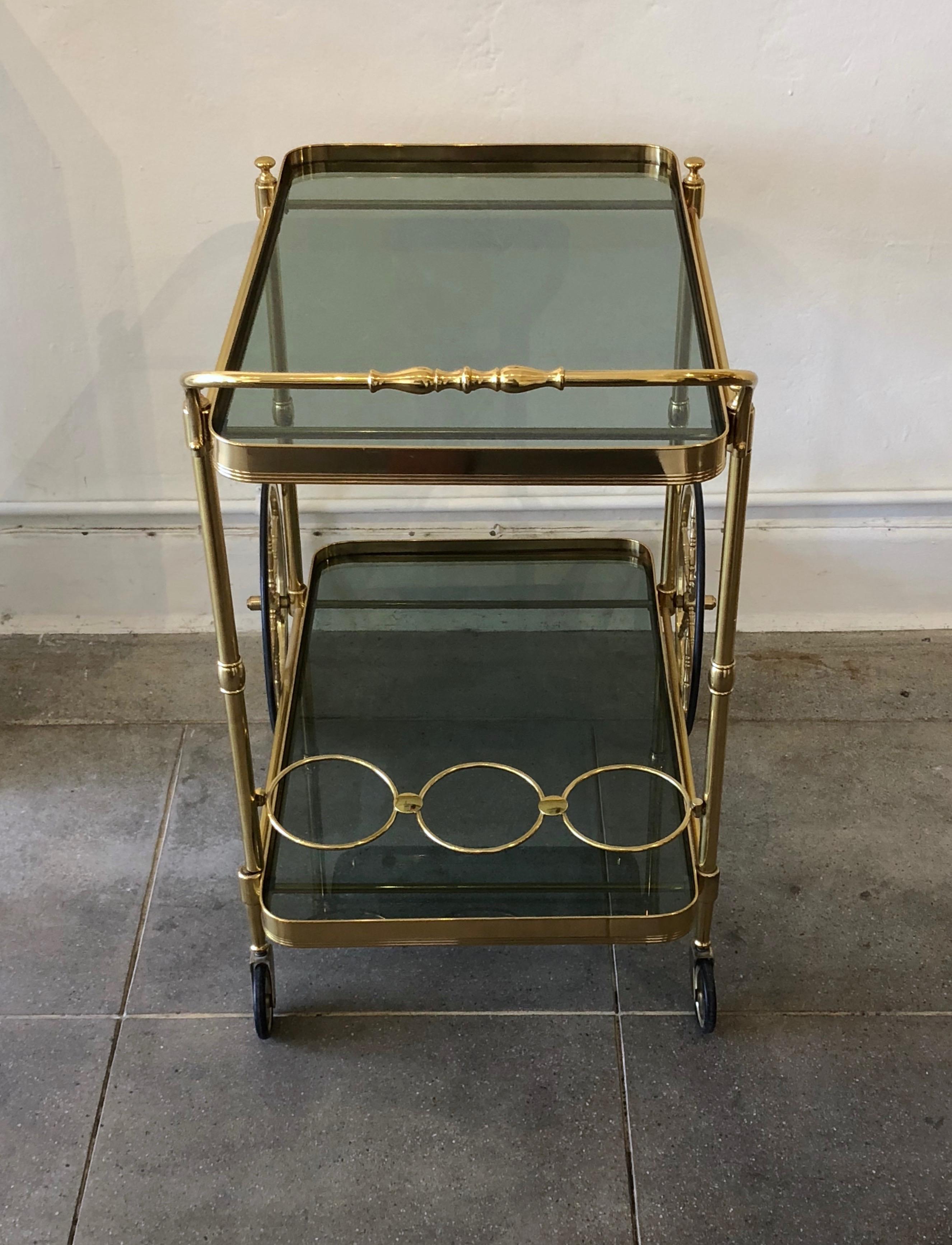 Italian Brass Smokey Grey Glass Two Tiered Bar Cart or Trolley 7