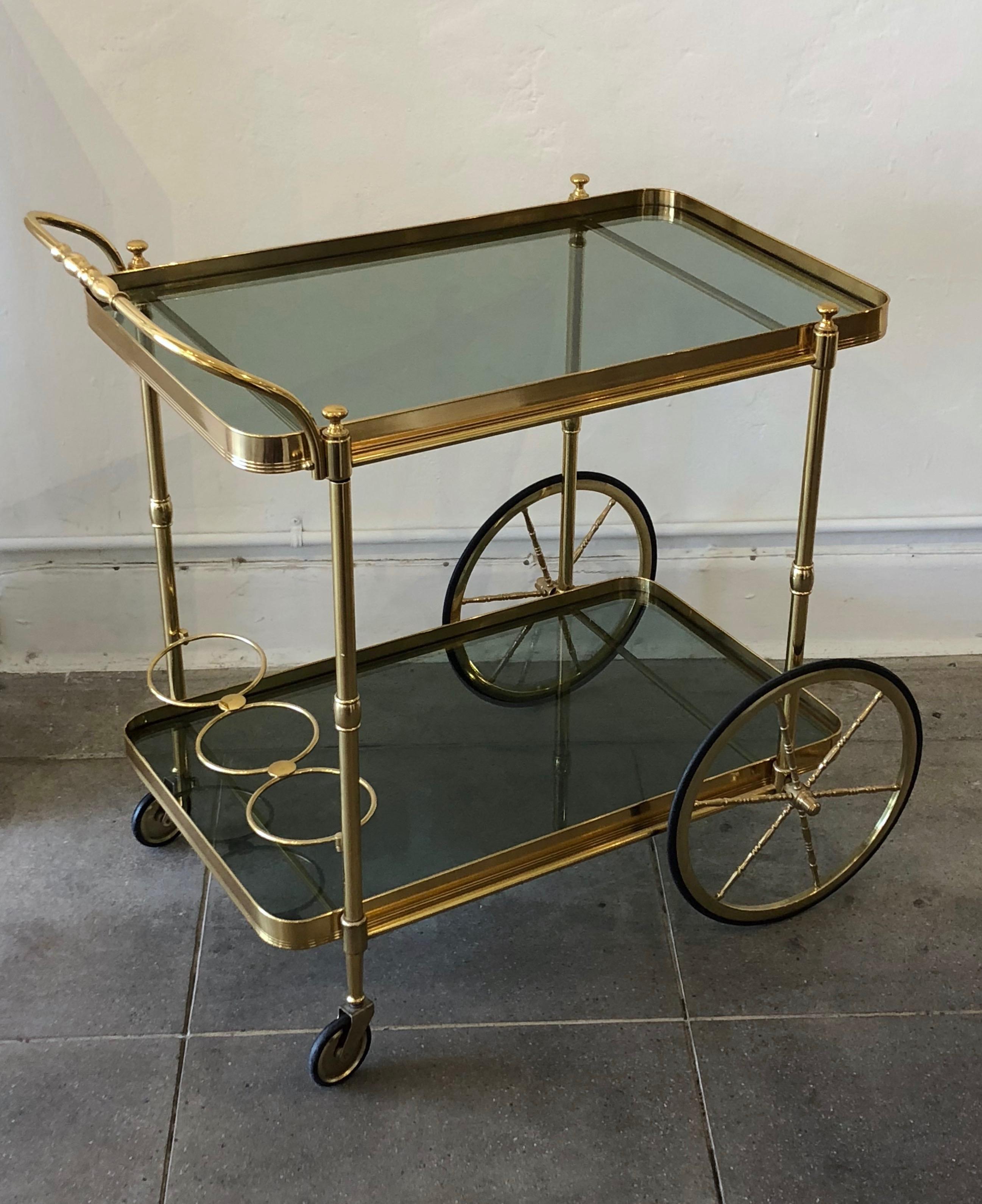 Italian Brass Smokey Grey Glass Two Tiered Bar Cart or Trolley 8