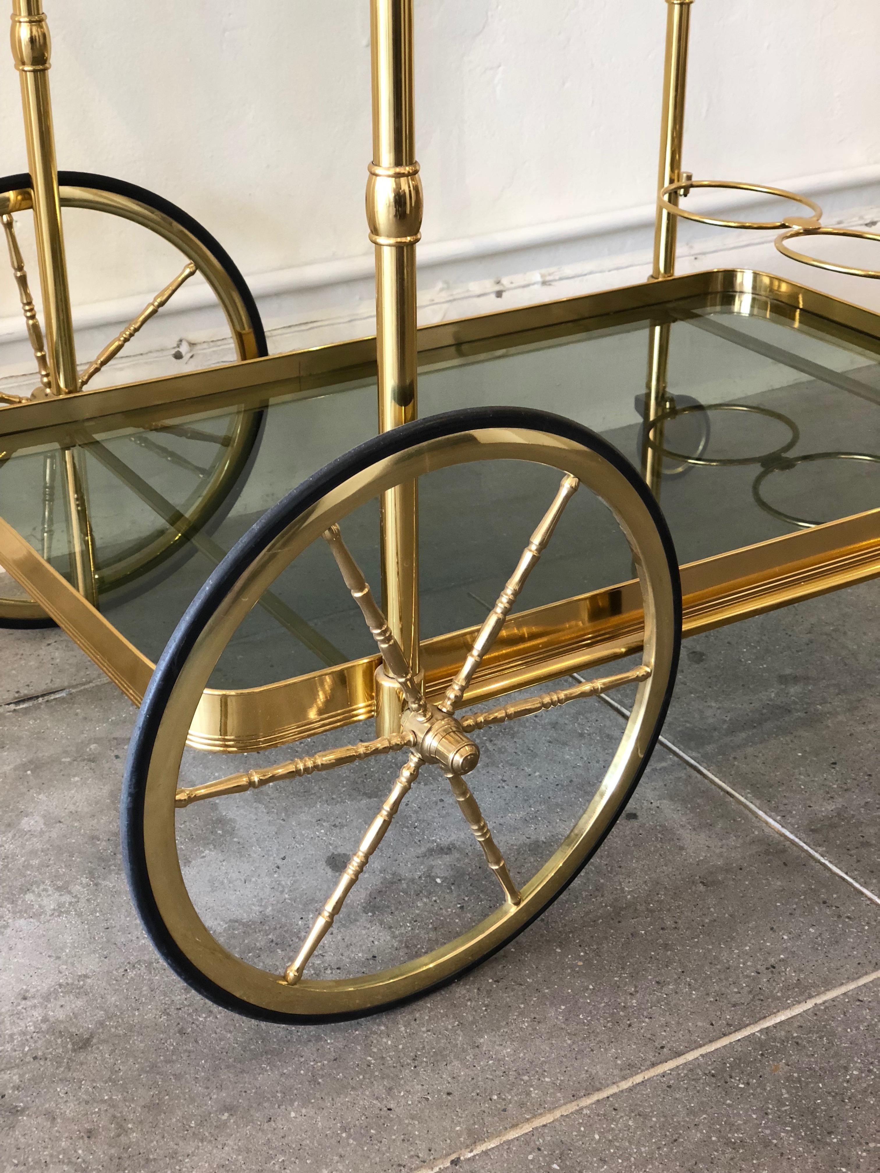 Mid-Century Modern Italian Brass Smokey Grey Glass Two Tiered Bar Cart or Trolley