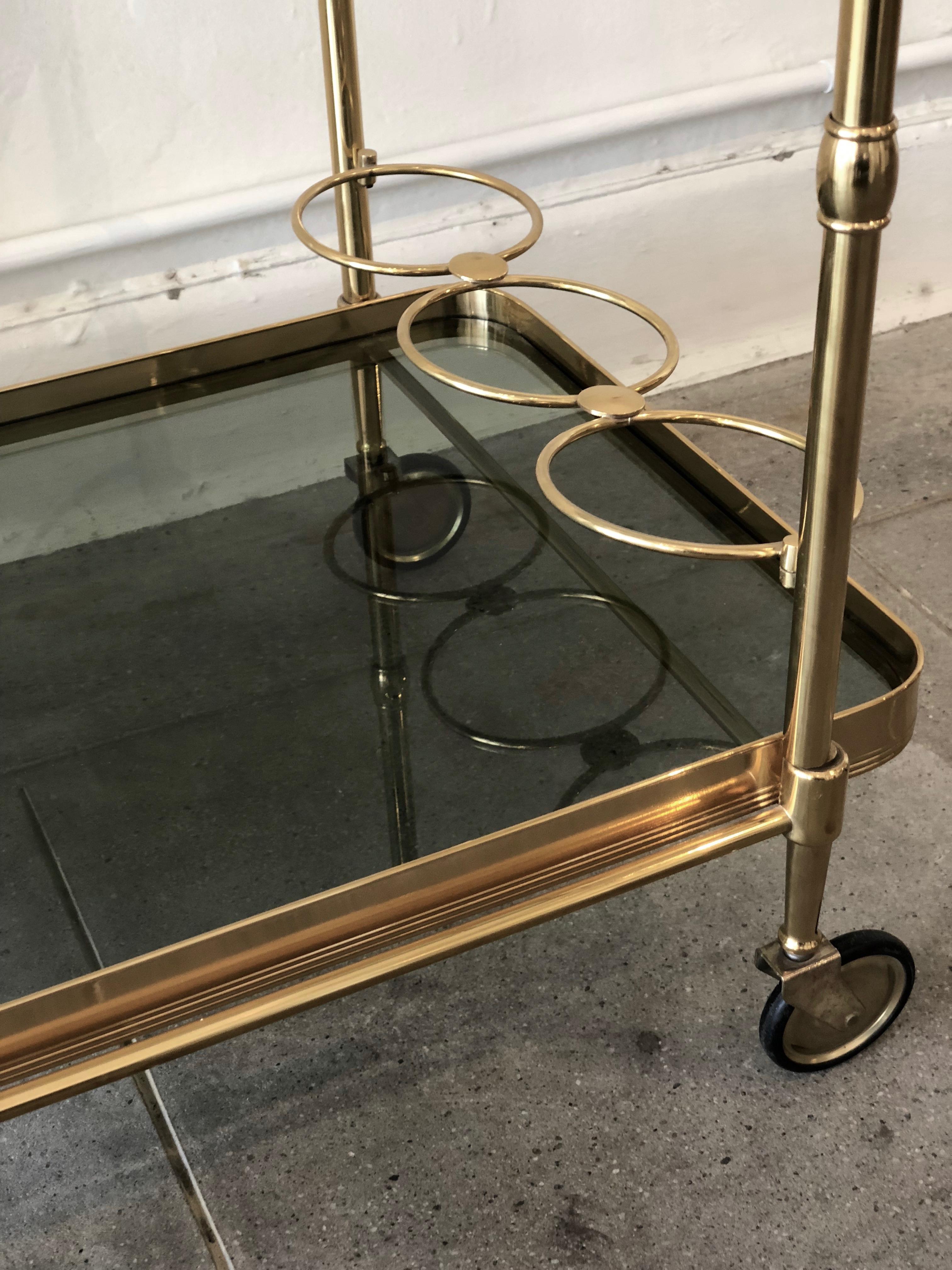 Italian Brass Smokey Grey Glass Two Tiered Bar Cart or Trolley In Good Condition In Palm Springs, CA