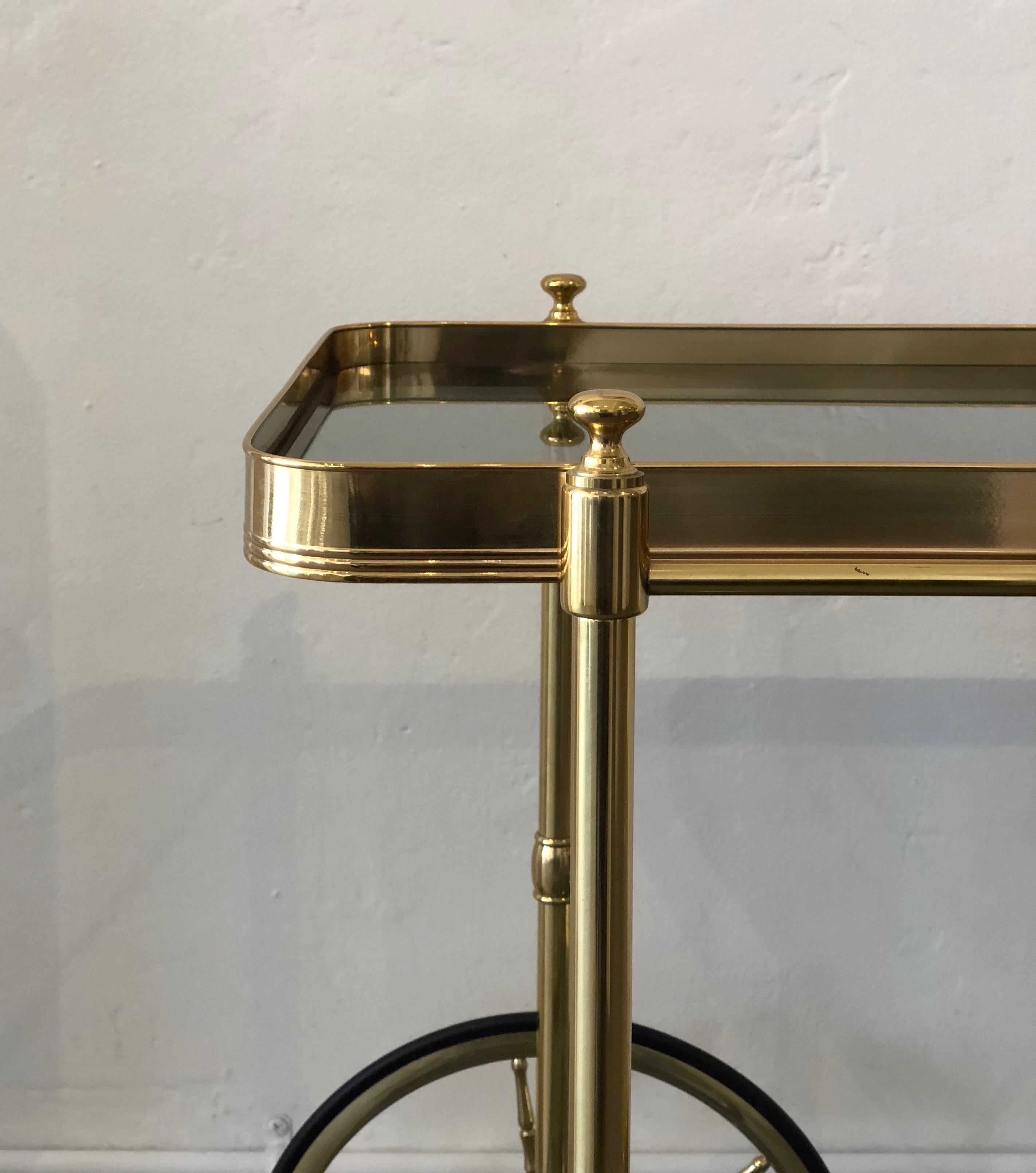 20th Century Italian Brass Smokey Grey Glass Two Tiered Bar Cart or Trolley