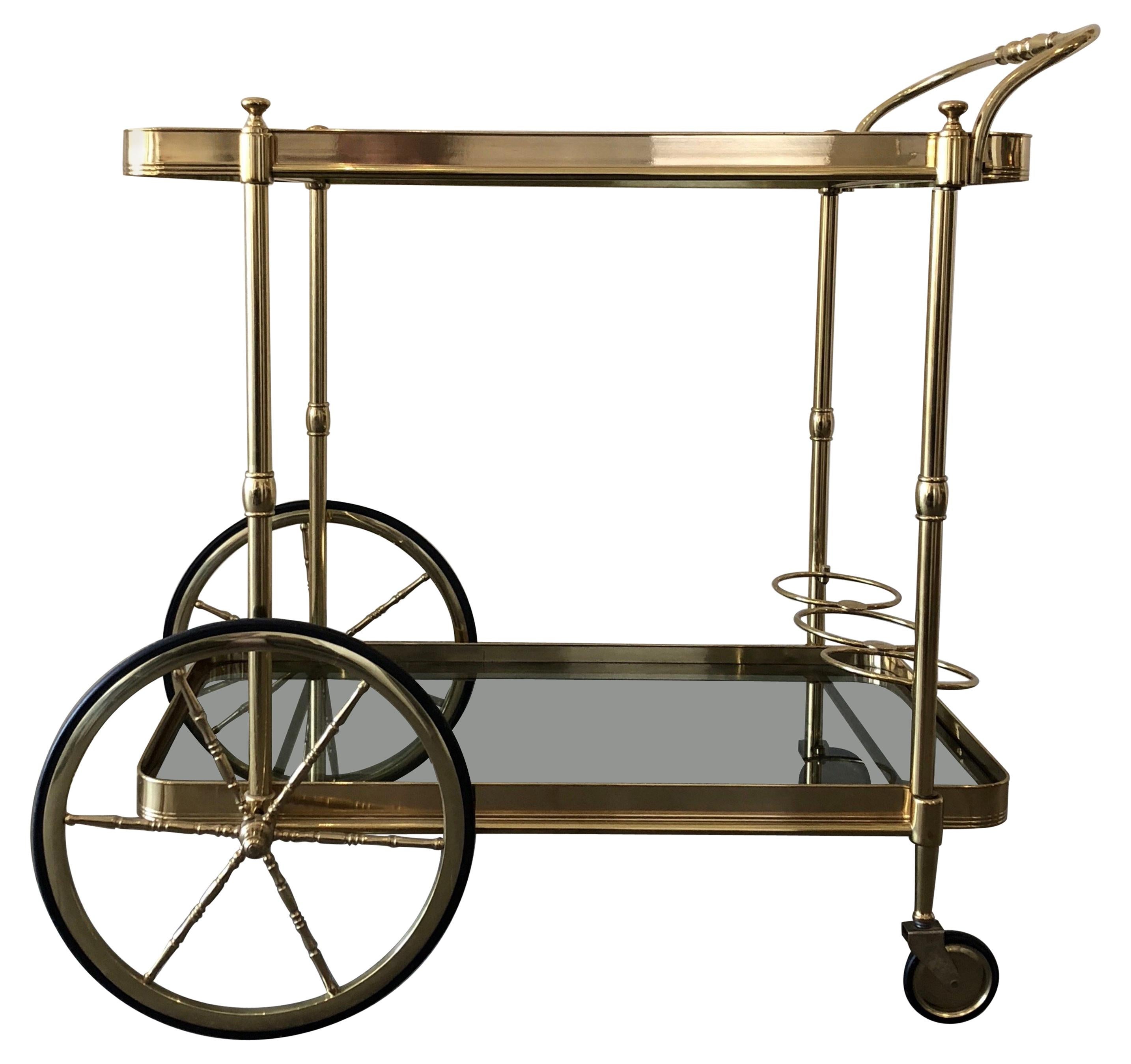 Italian Brass Smokey Grey Glass Two Tiered Bar Cart or Trolley