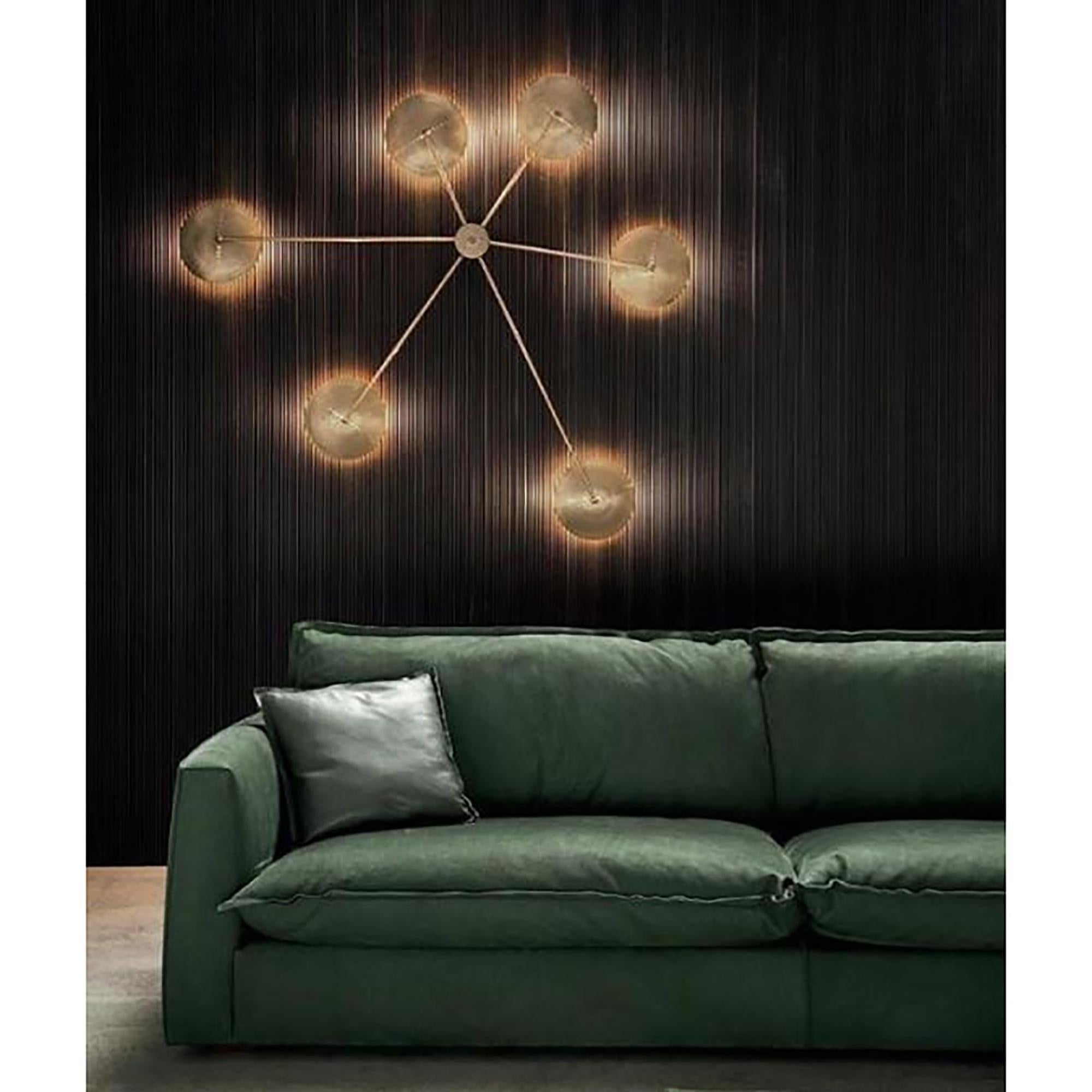 An Italian mid-century design, this wall light will the focus center of your interior. The arms radiate all around the stem, each ending with a brass shade. An attractive vintage architectural ceiling lamp with 6-light. US rewired with E12 sockets