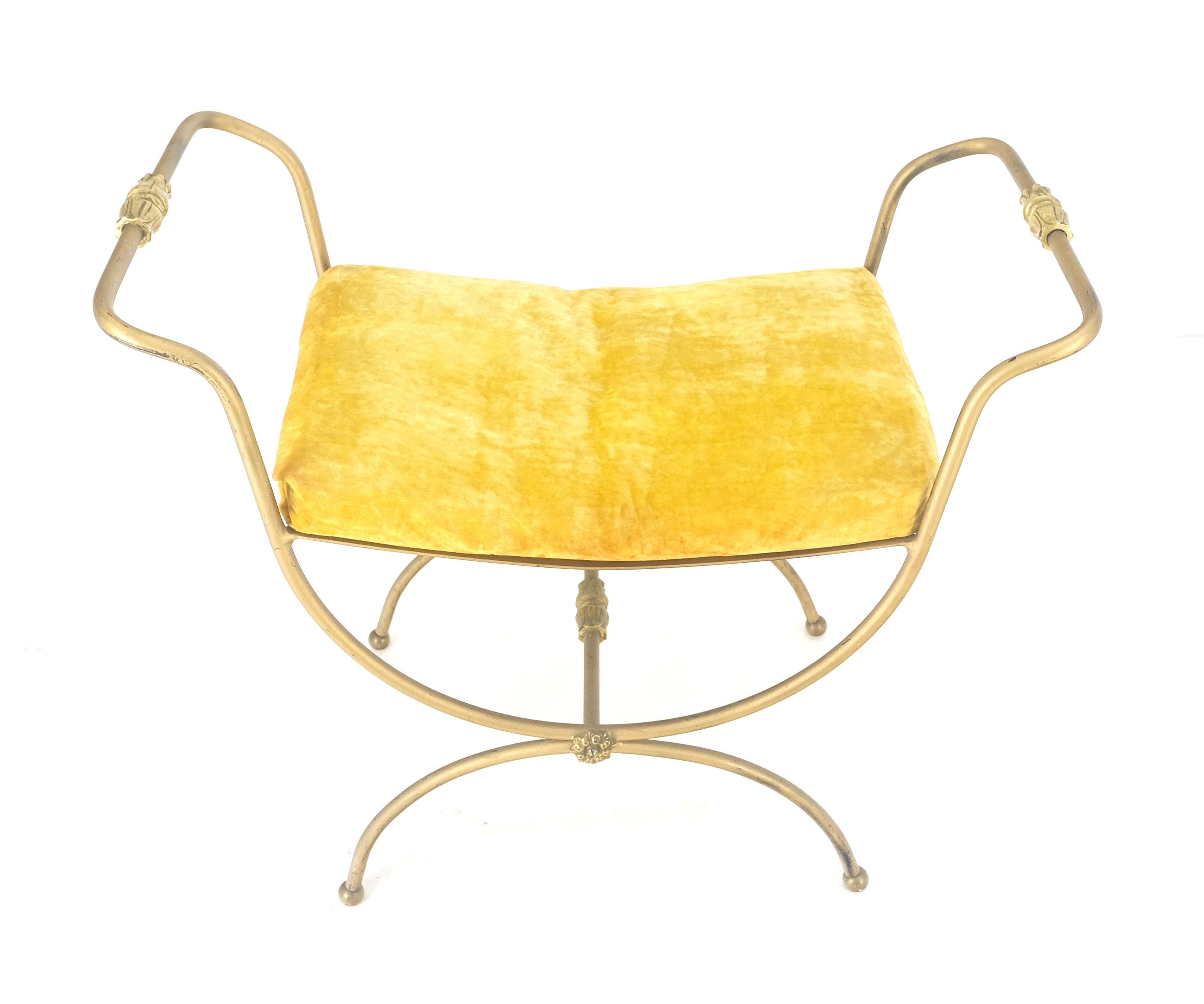 Italian Brass & Steel Bent Wire Ball Feet Gold Upholstery Cushion Window Bench 