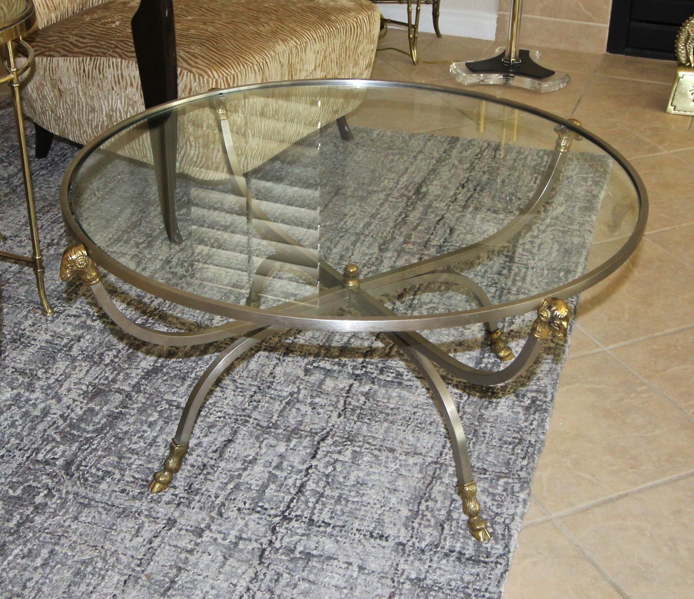 Italian Brass Steel Jansen Style Round Cocktail Coffee Table For Sale 4