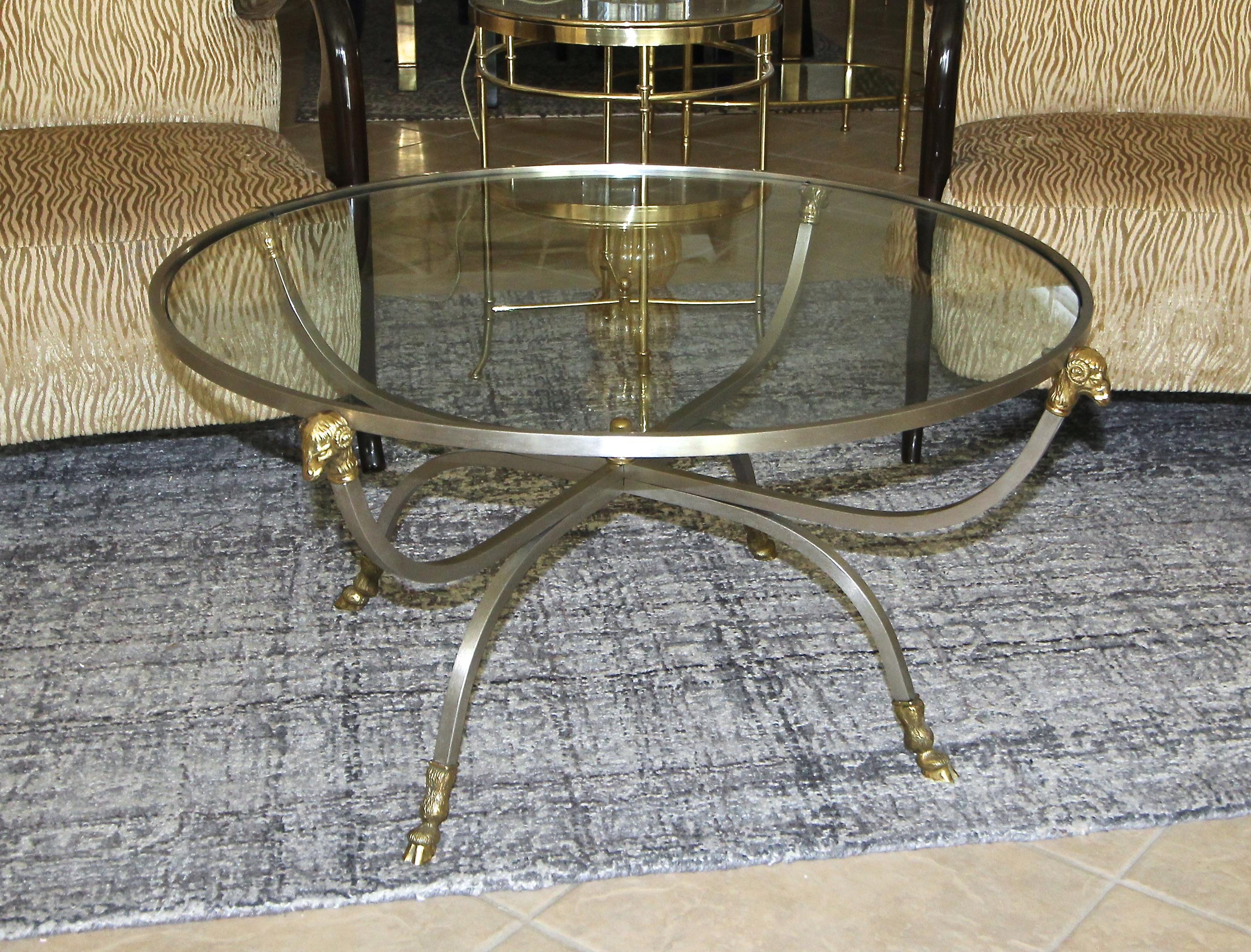 Mid-20th Century Italian Brass Steel Jansen Style Round Cocktail Coffee Table For Sale