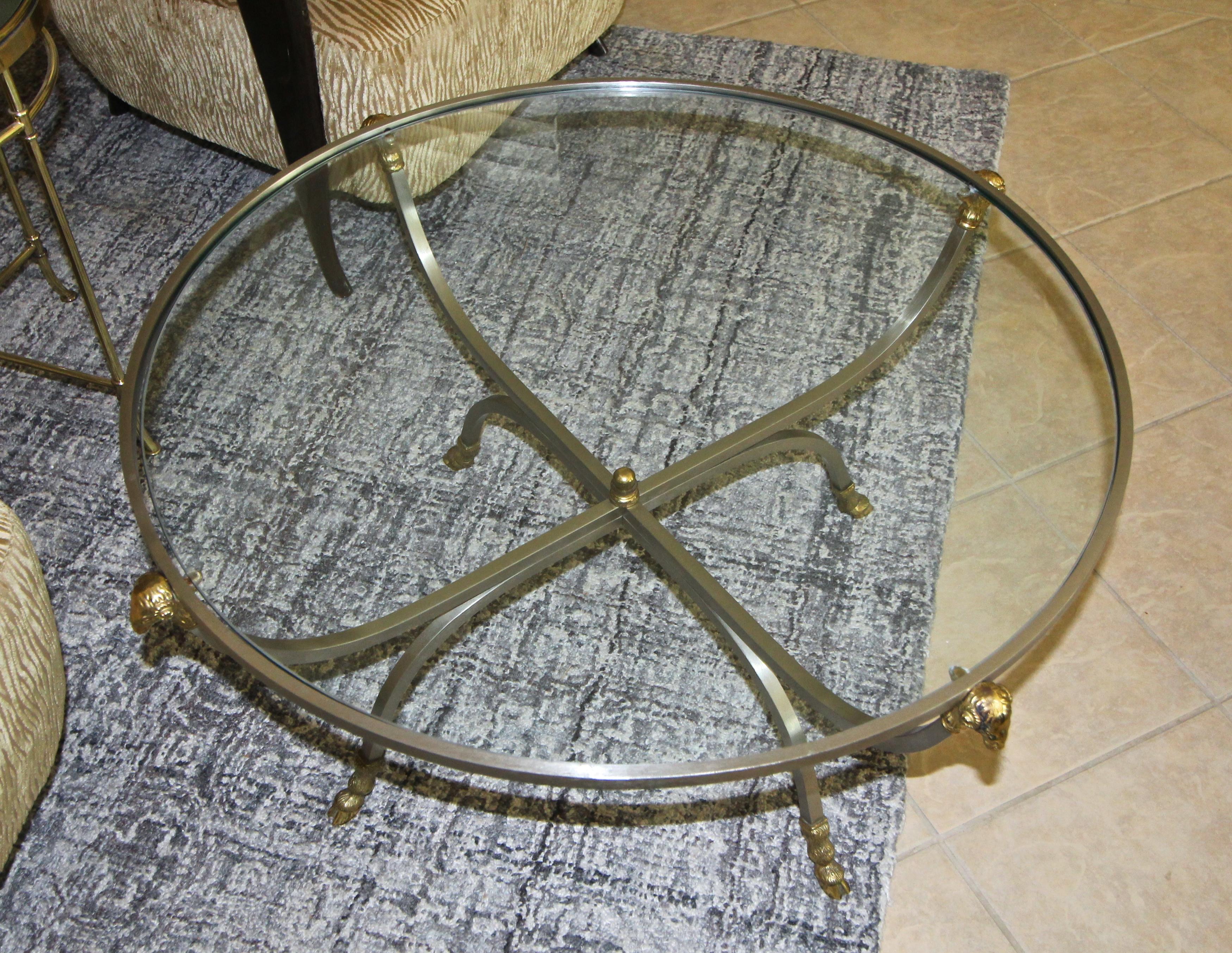 Italian Brass Steel Jansen Style Round Cocktail Coffee Table For Sale 1