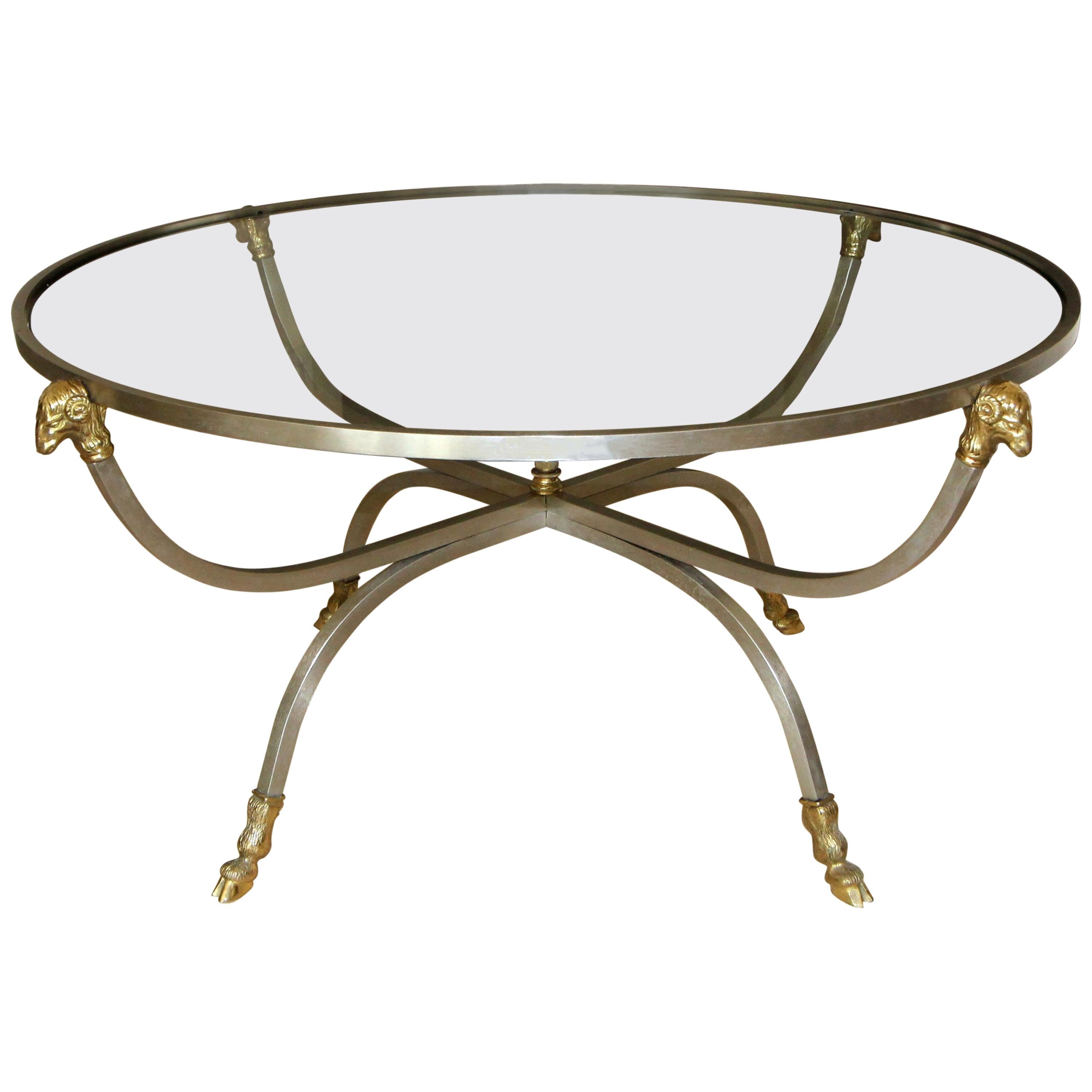Italian Brass Steel Jansen Style Round Cocktail Coffee Table For Sale
