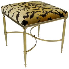 Italian Brass Stool with Scalamandre Le Tigre Upholstery