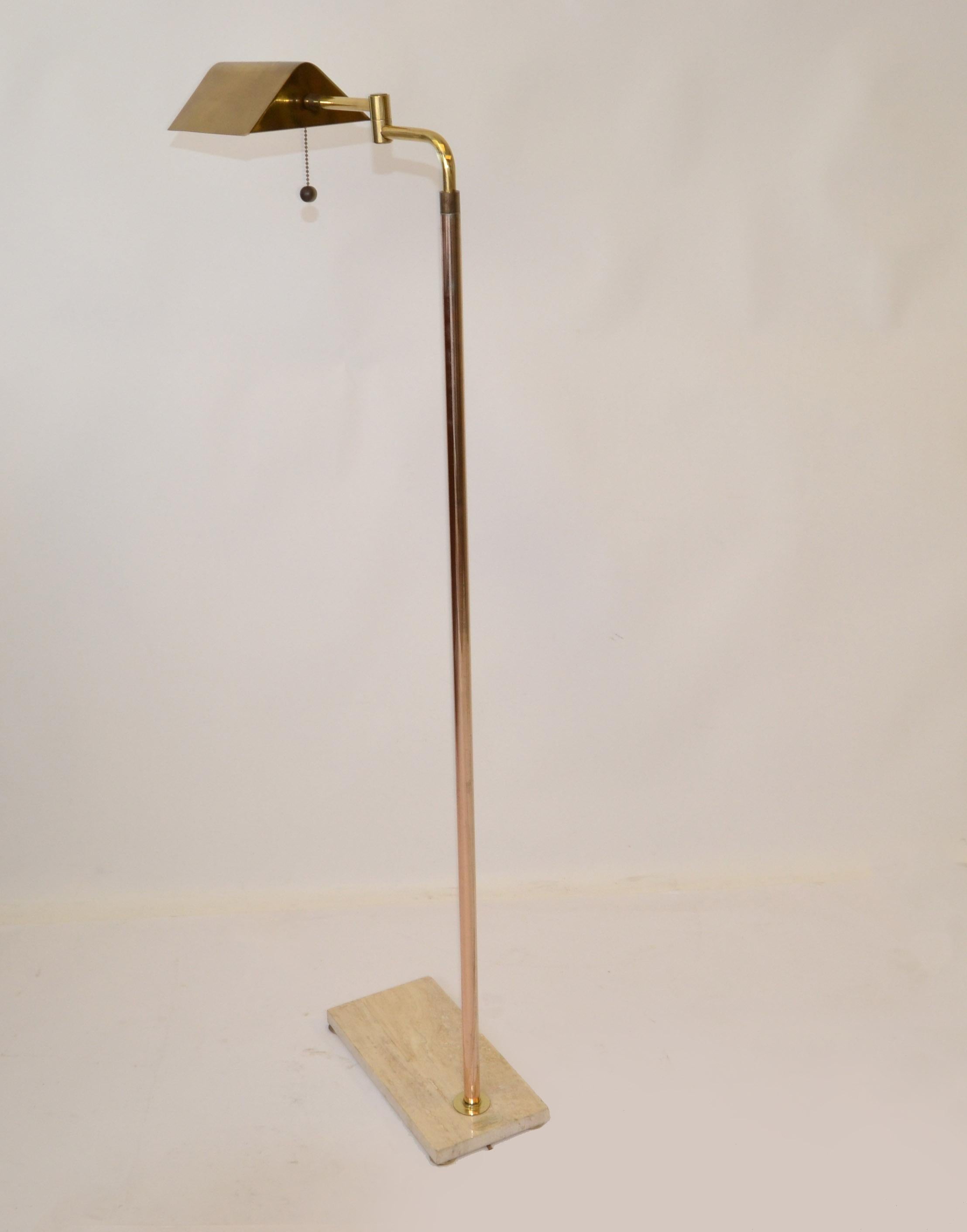 Mid-Century Modern Italian two patina Brass swing arm floor or reading lamp mounted on a beige genuine hand crafted marble base.
Comes with a footswitch and the shade rotates.
Wired for the U.S. and uses a regular or LED light bulb as shown in the