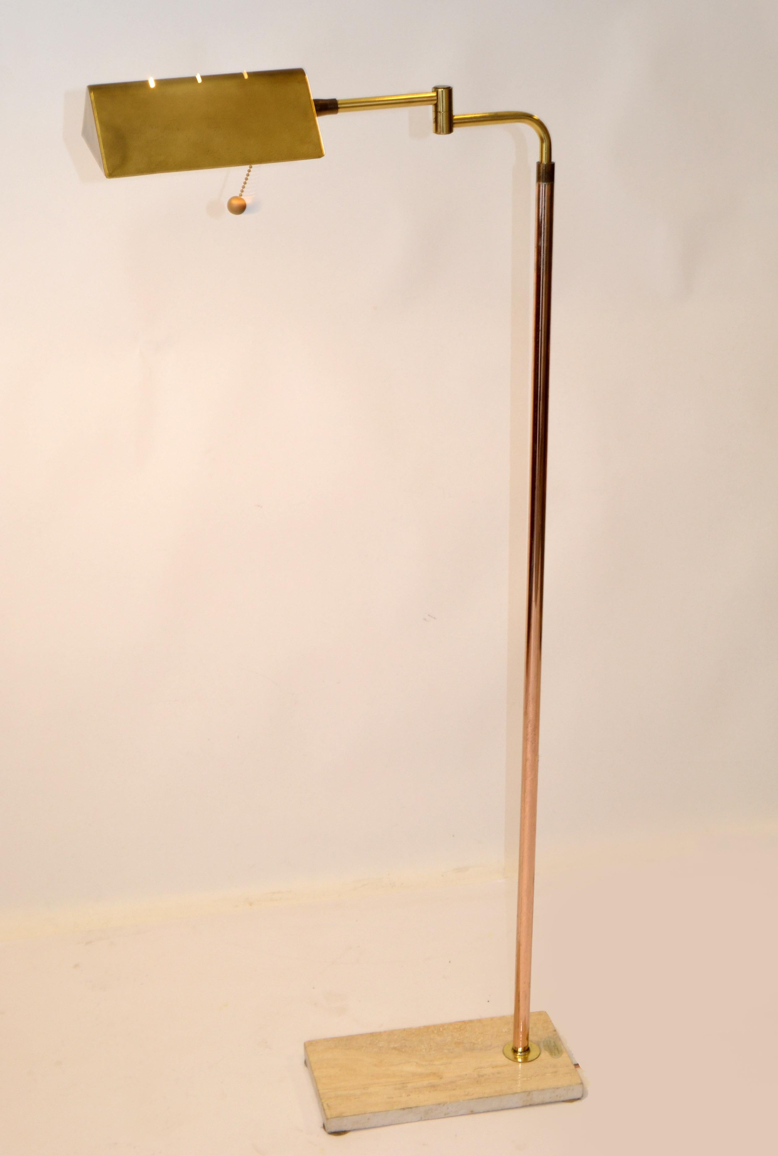 Mid-Century Modern Italian Brass Swing Arm Floor Reading Lamp Rectangle Genuine Taupe Marble Base For Sale