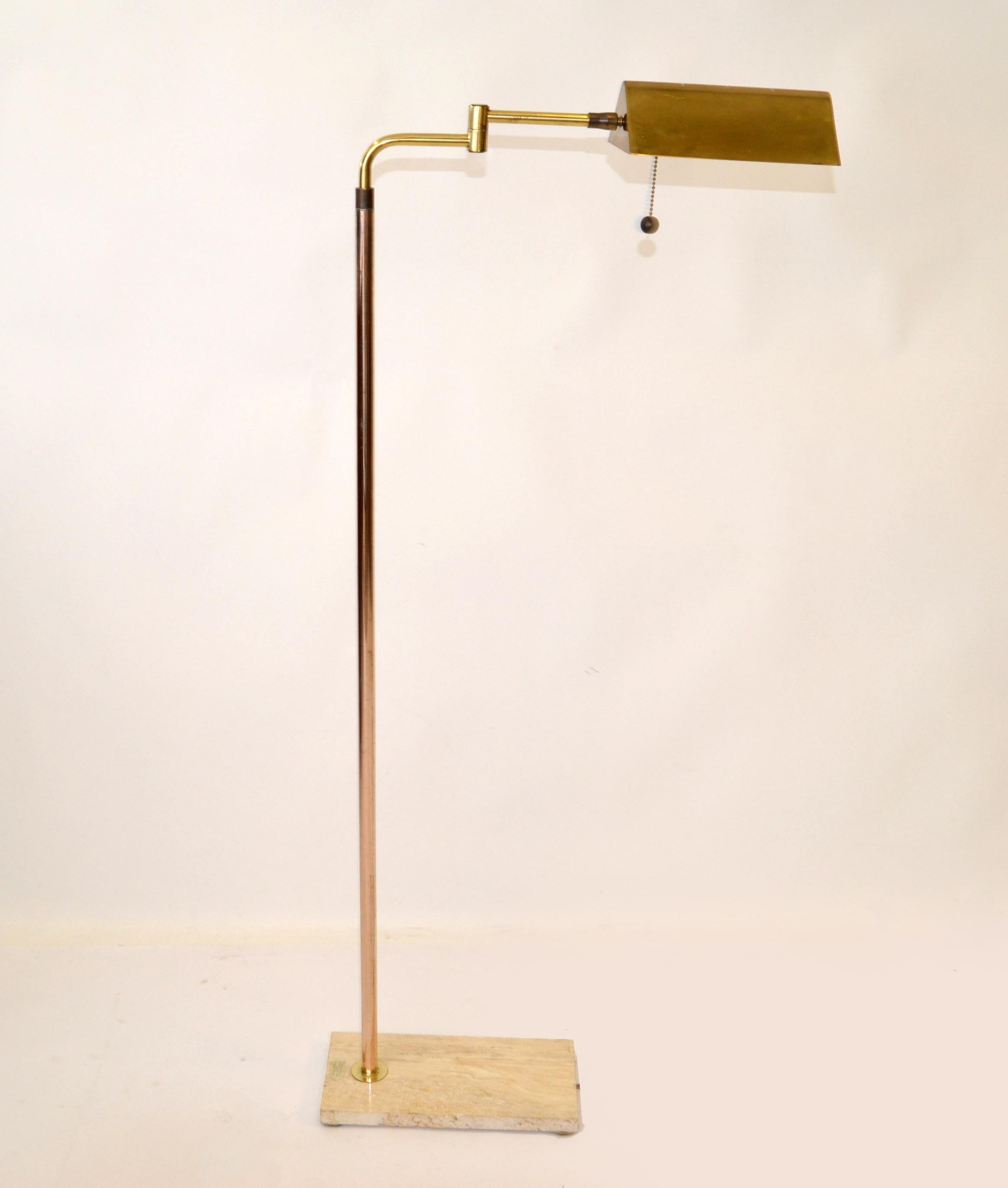 Hand-Crafted Italian Brass Swing Arm Floor Reading Lamp Rectangle Genuine Taupe Marble Base For Sale