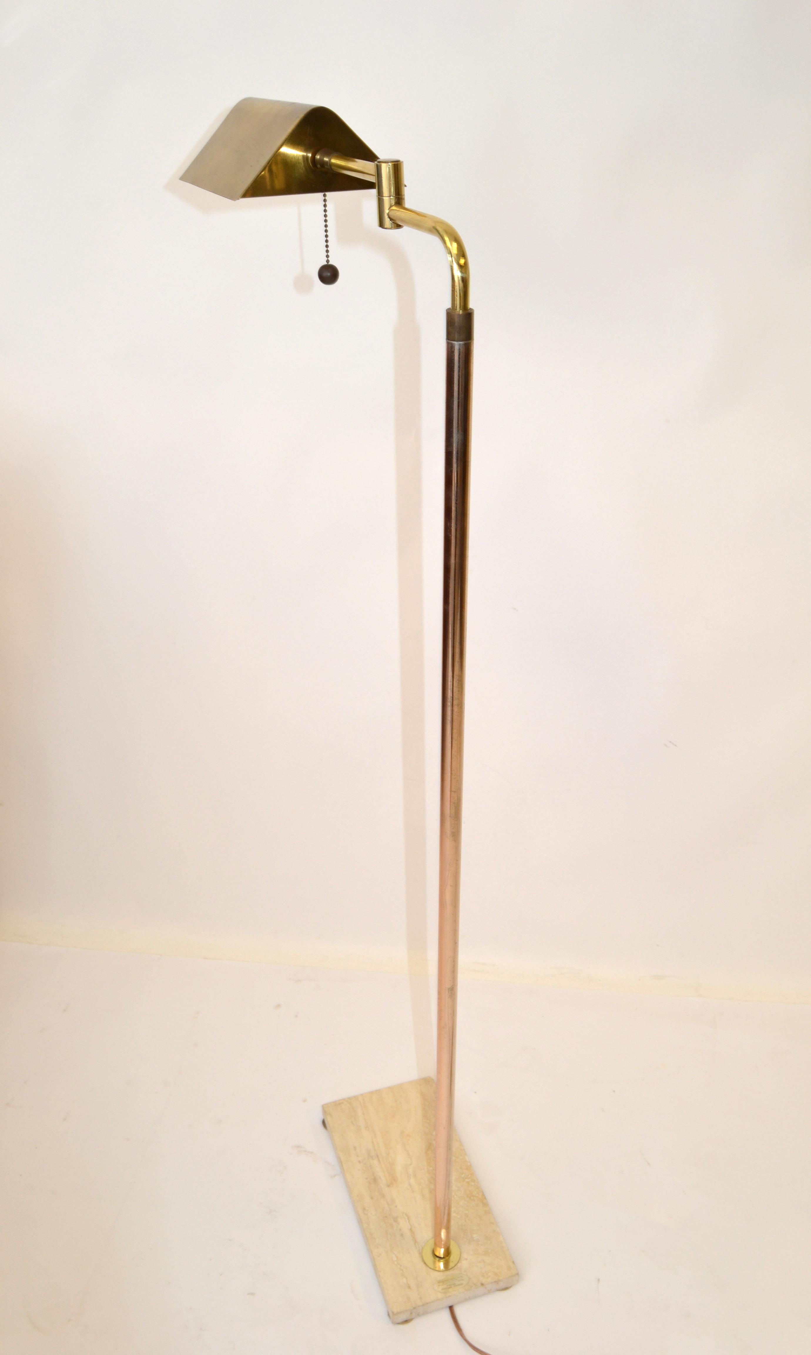 Italian Brass Swing Arm Floor Reading Lamp Rectangle Genuine Taupe Marble Base In Good Condition For Sale In Miami, FL