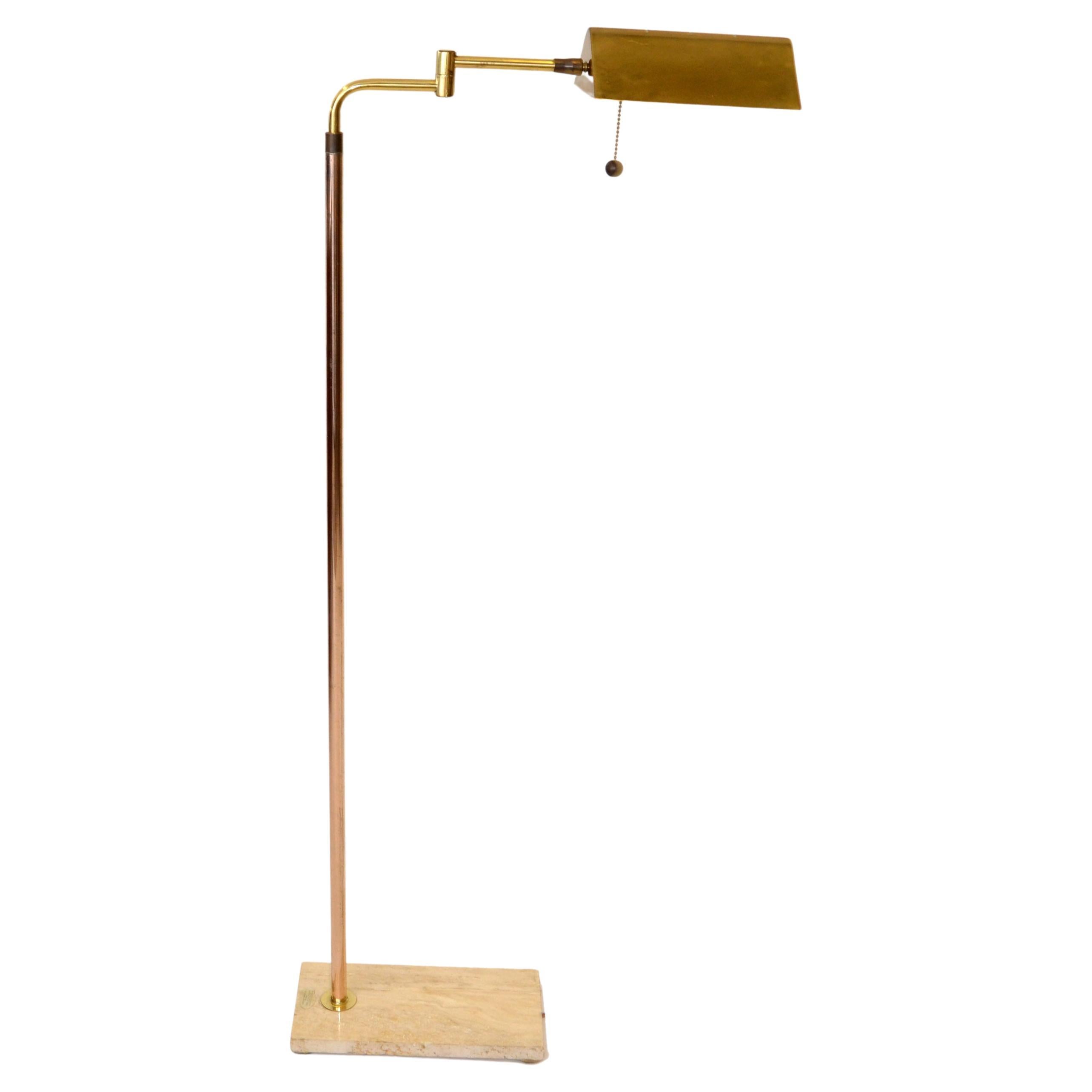 Italian Brass Swing Arm Floor Reading Lamp Rectangle Genuine Taupe Marble Base For Sale