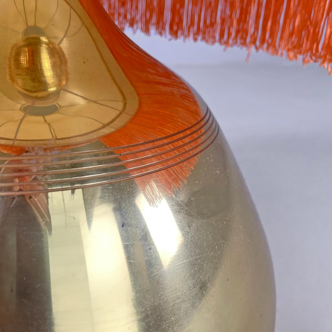 Italian brass table lamp with beige lampshade and orange fringes, 1980s For Sale 9