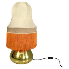 Retro Italian brass table lamp with beige lampshade and orange fringes, 1980s
