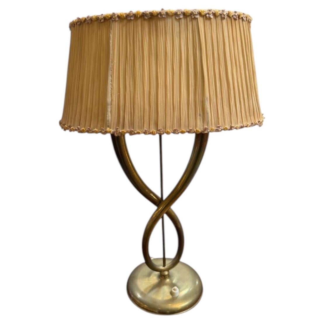 Italian Brass Table Lamp with Twisted Loop Base and Pleated Shade, 1950s For Sale