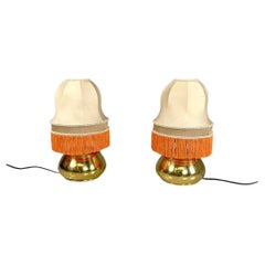 Retro Italian brass table lamps with beige lampshade and orange fringes, 1980s