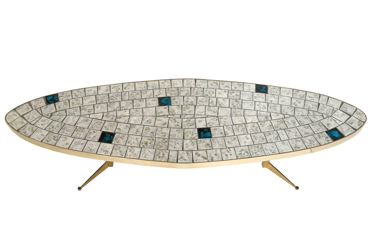 Italian brass framed tiled top coffee table, circa 1950s. Solid brass 1.5