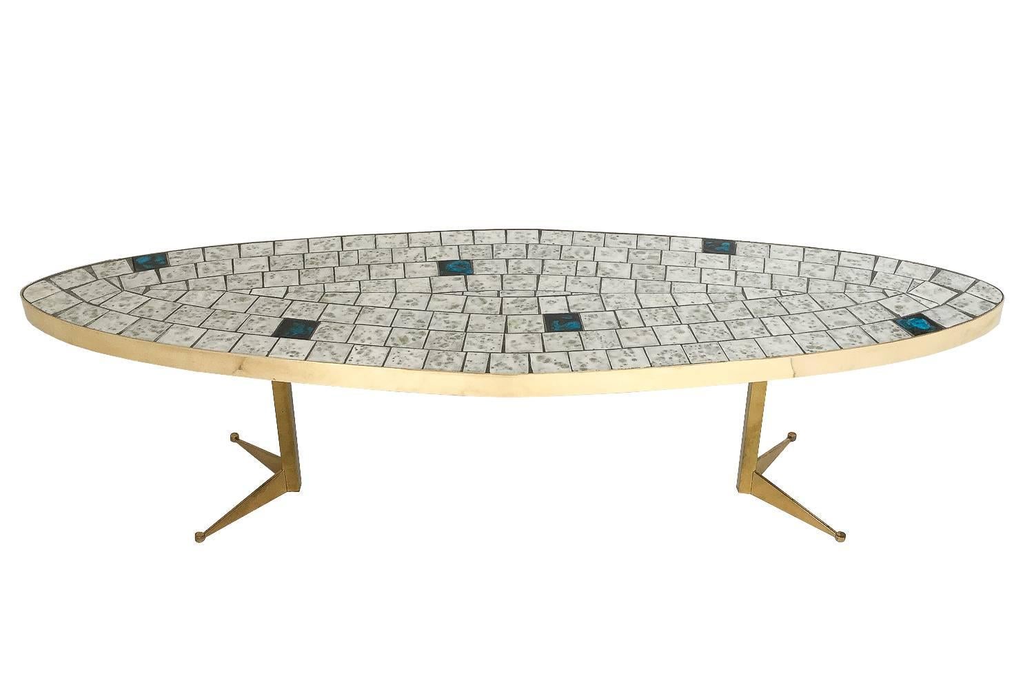 Mid-Century Modern Italian Brass Tiled Top Surfboard Coffee Table