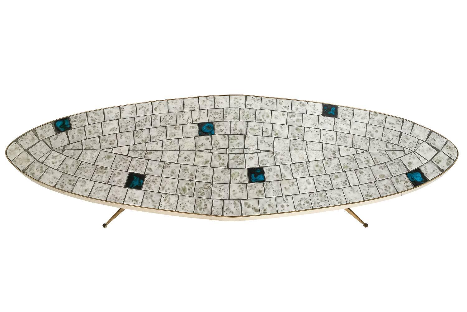 Italian Brass Tiled Top Surfboard Coffee Table In Excellent Condition In Chicago, IL