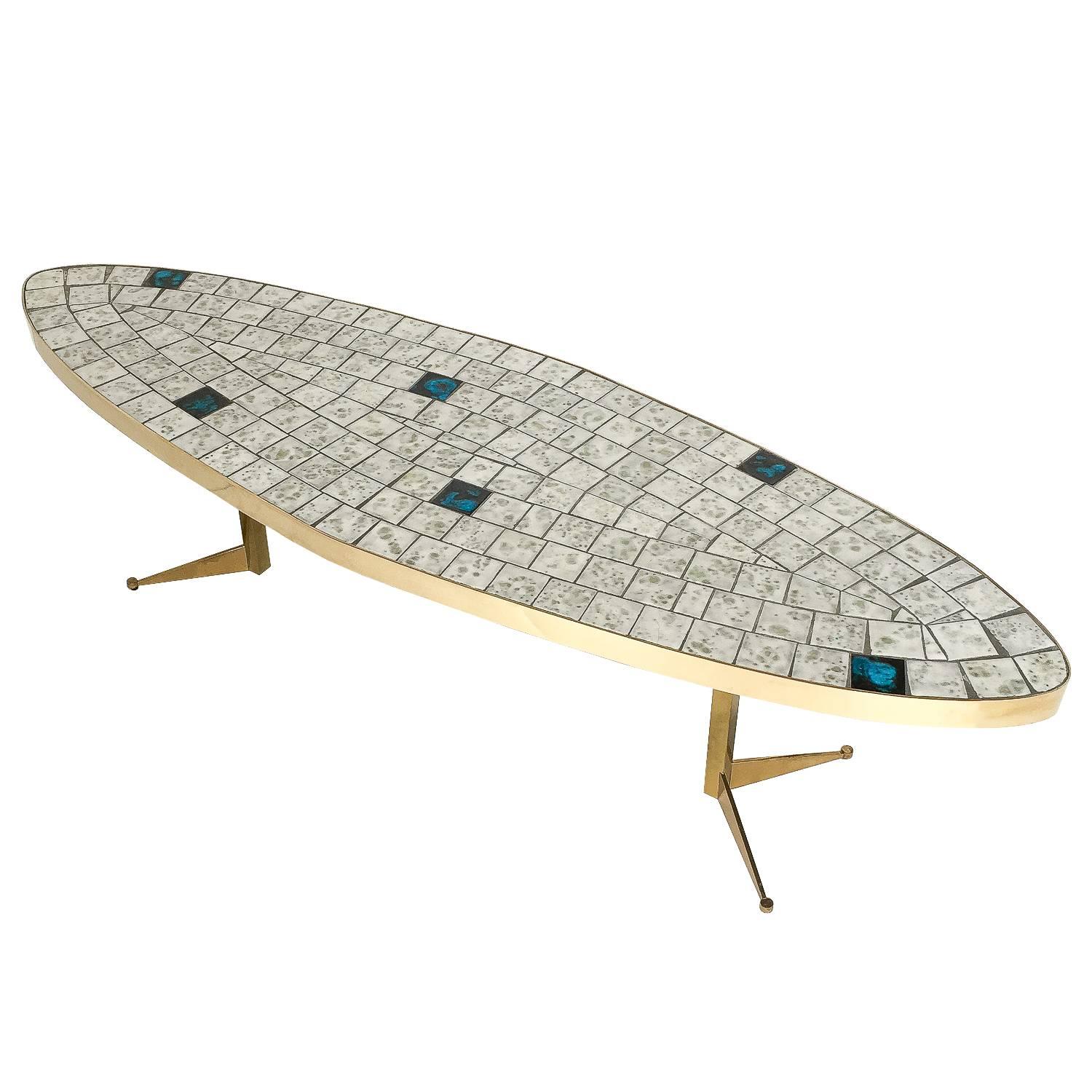 Mid-20th Century Italian Brass Tiled Top Surfboard Coffee Table