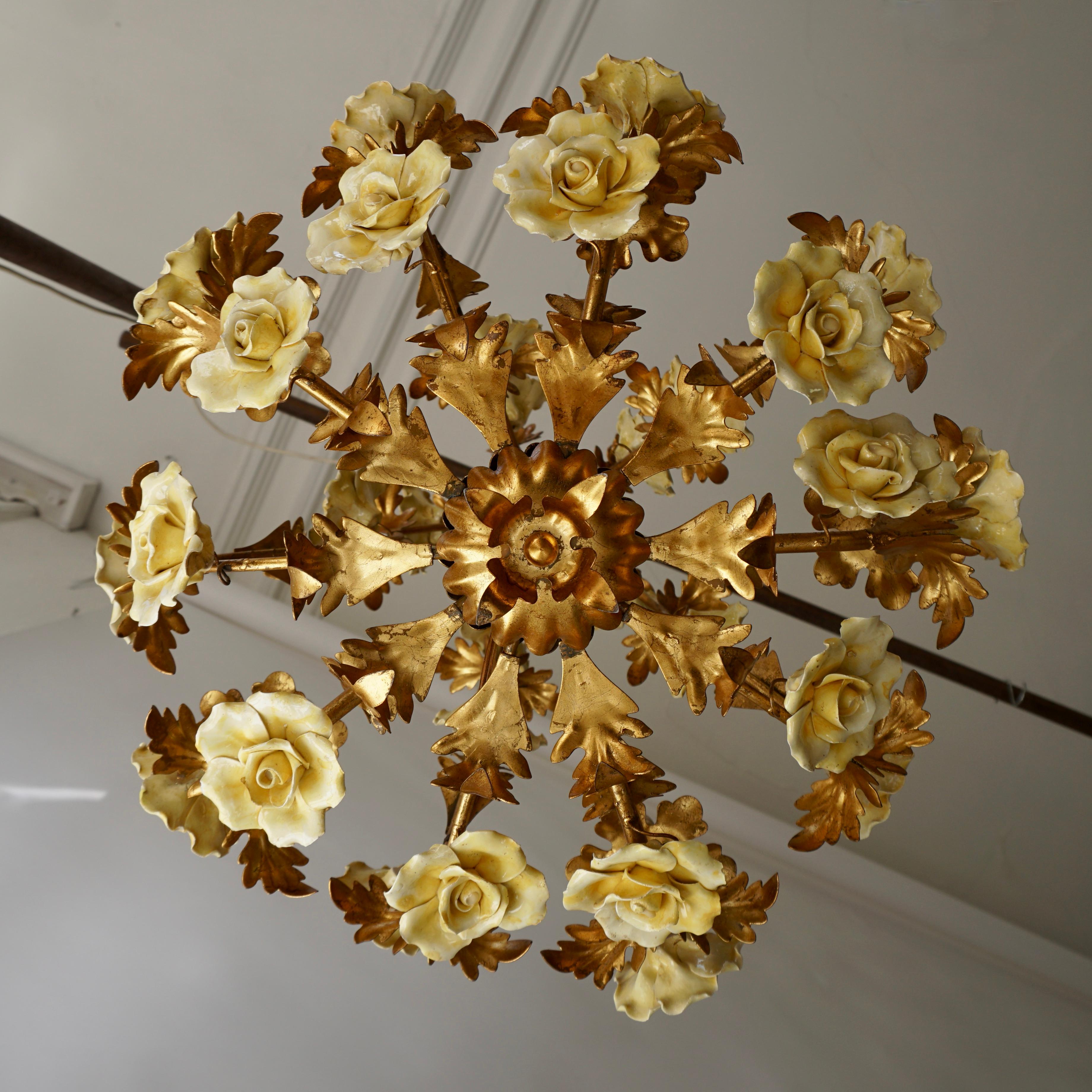Mid-Century Modern Italian Brass Tole Chandelier with Yellow Porcelain Flowers For Sale