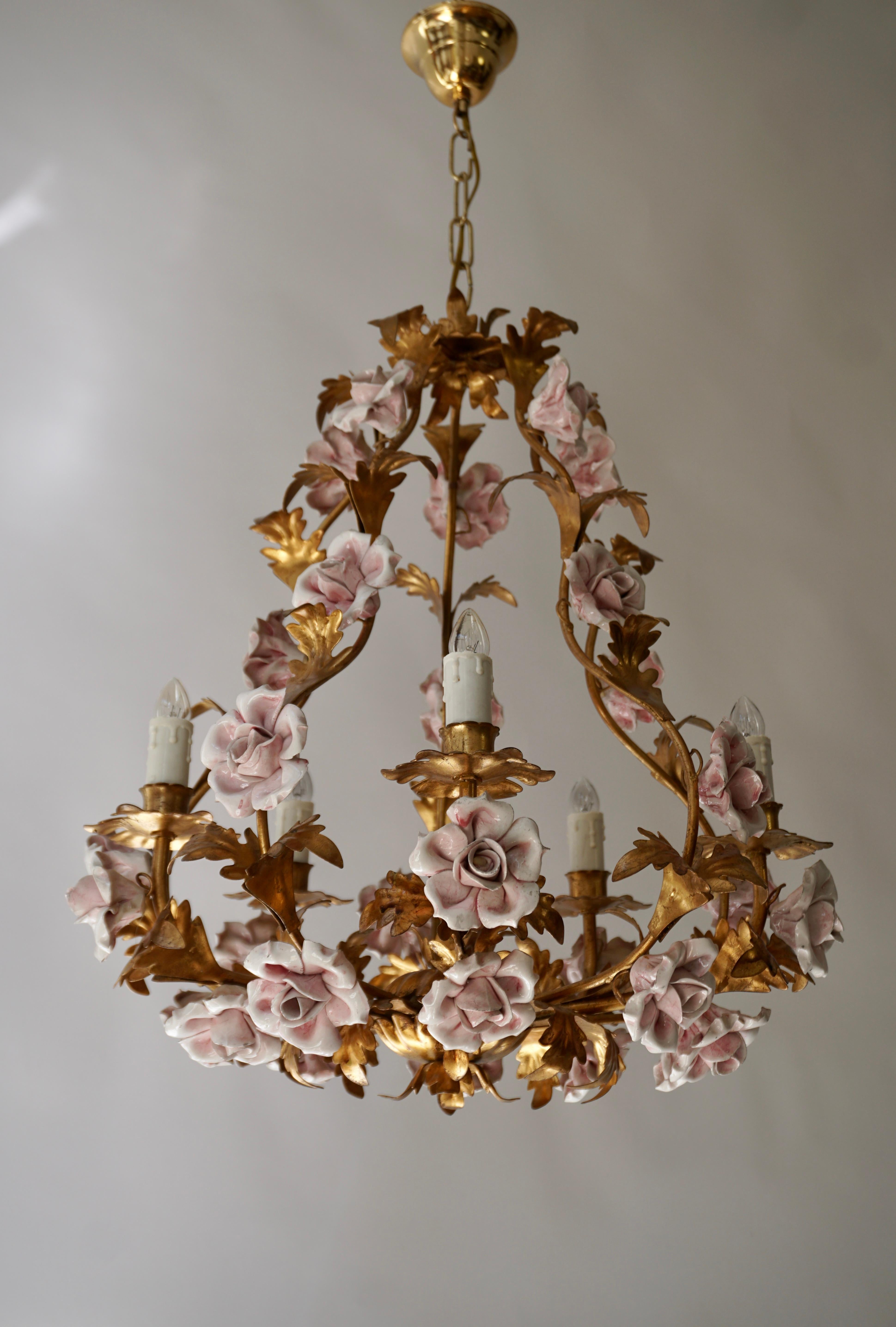 20th Century Italian Brass Tole Chandelier with Yellow Porcelain Flowers