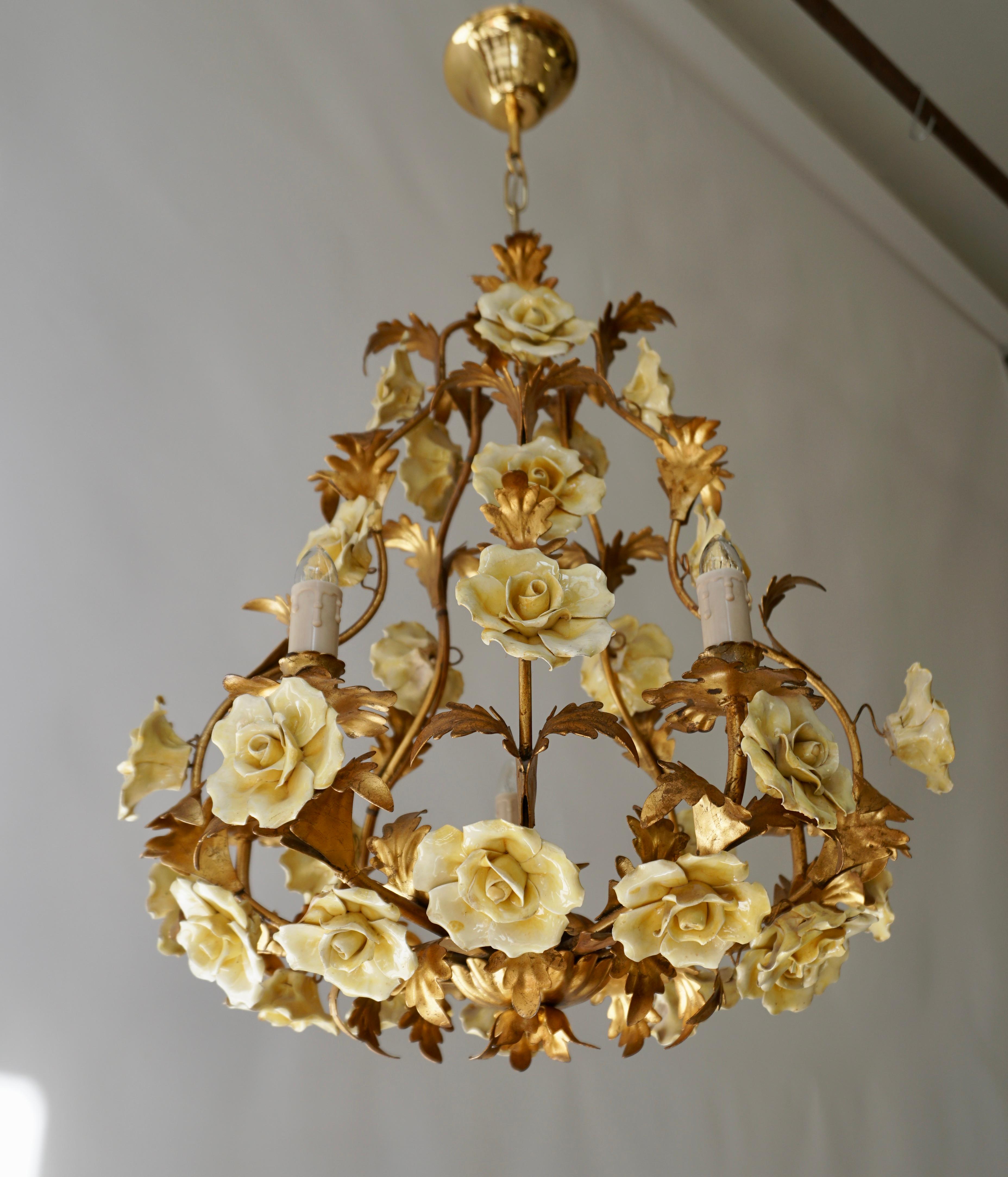 20th Century Italian Brass Tole Chandelier with Yellow Porcelain Flowers For Sale