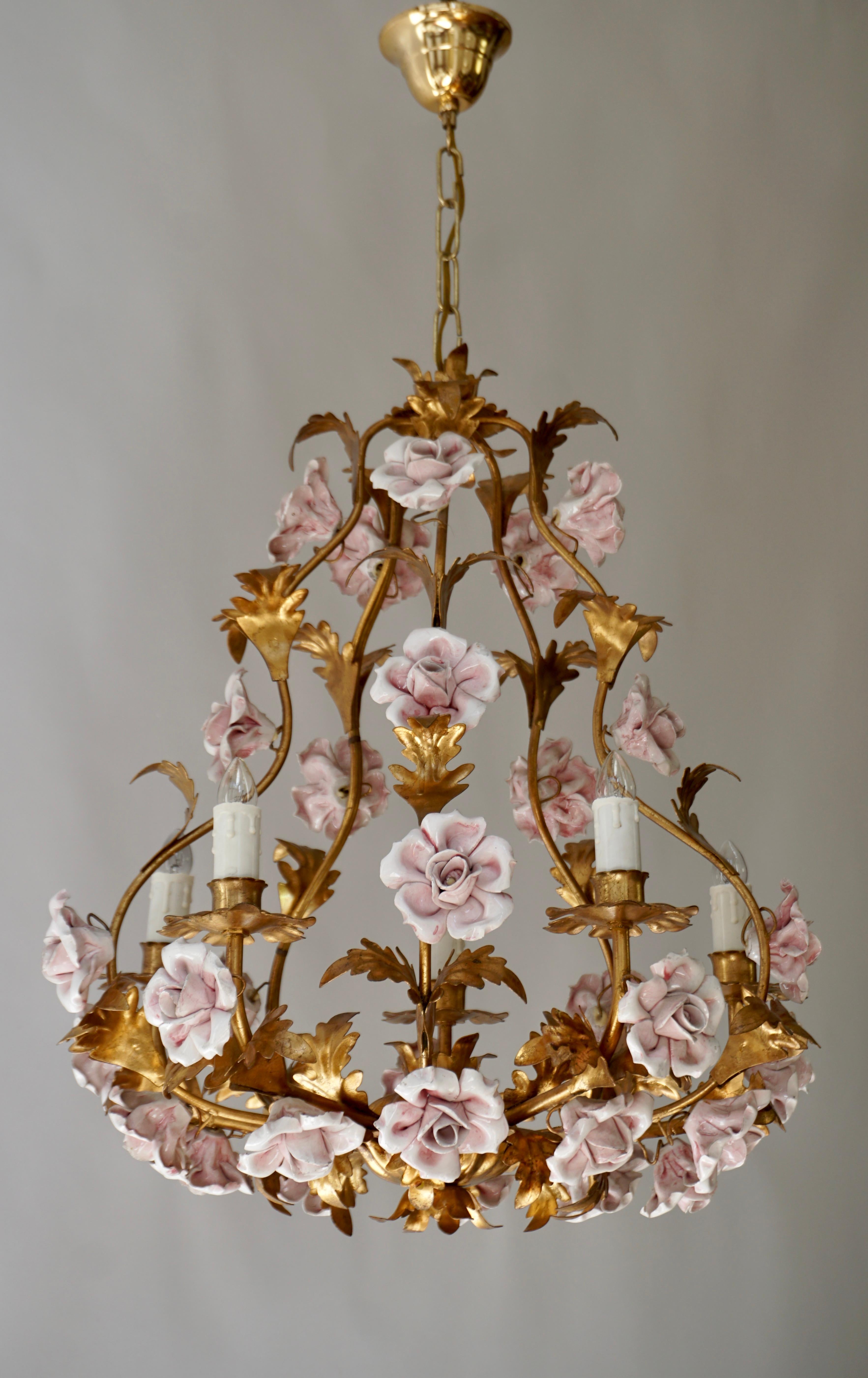 Italian Brass Tole Chandelier with Yellow Porcelain Flowers 1