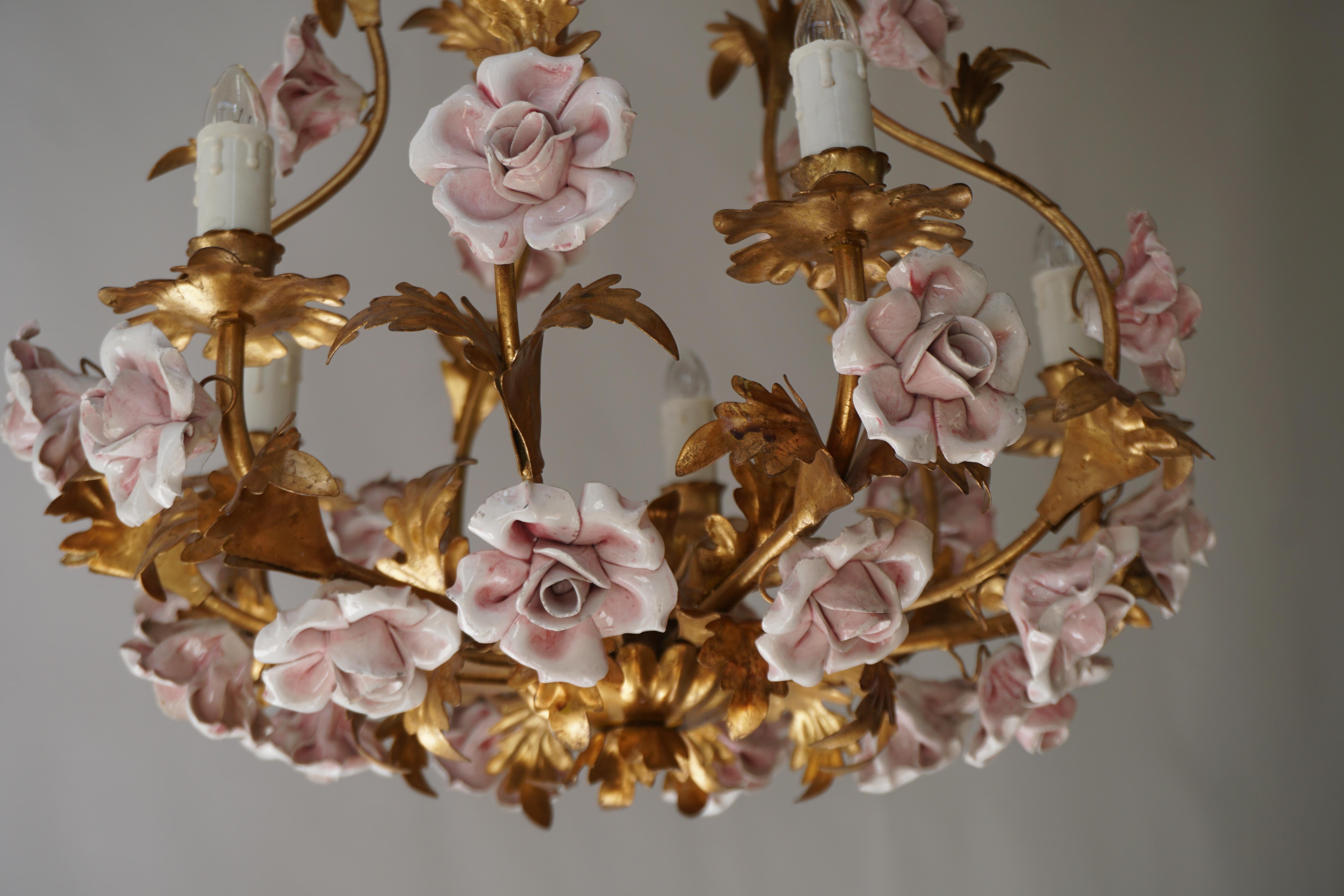 Italian Brass Tole Chandelier with Yellow Porcelain Flowers 2