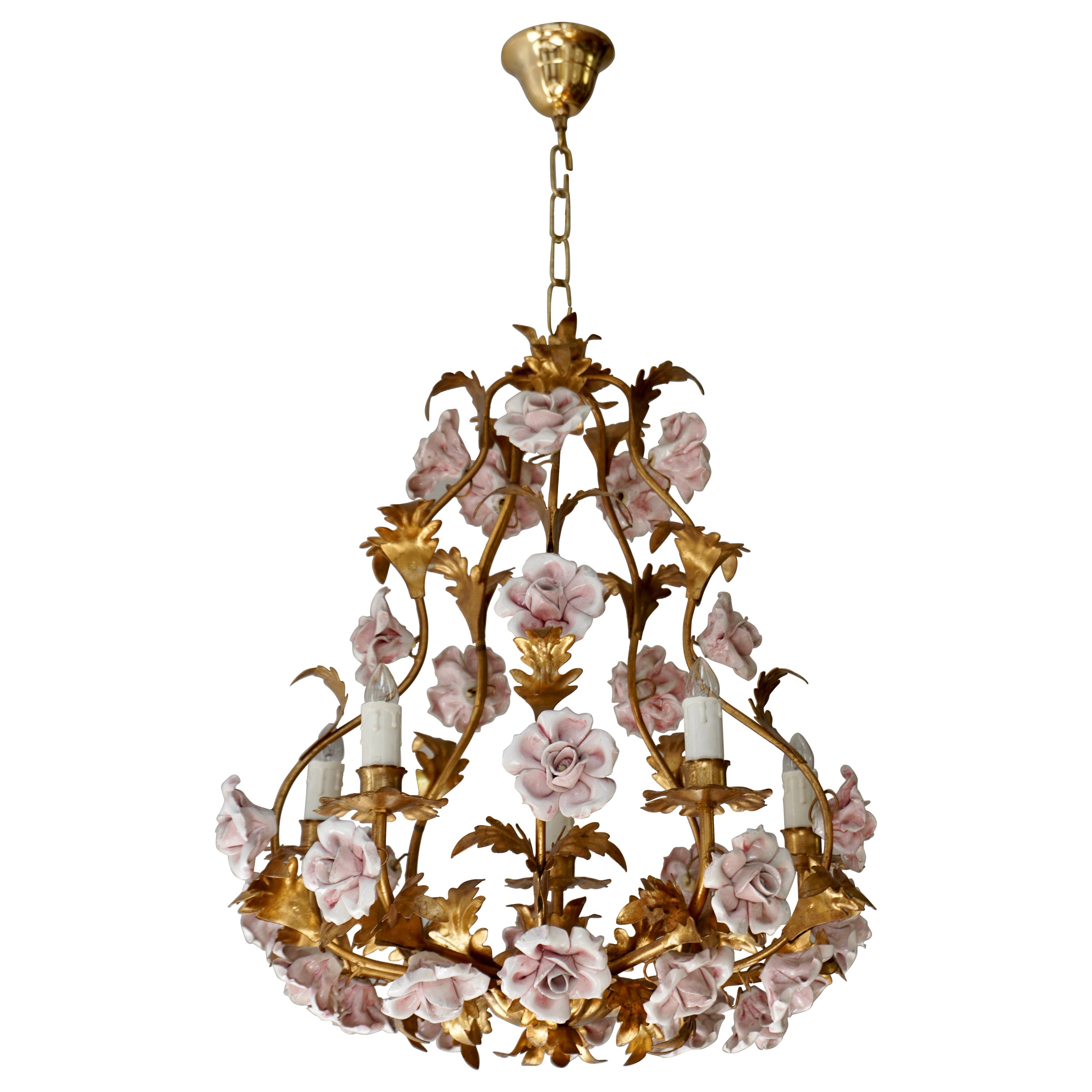 Italian Brass Tole Chandelier with Yellow Porcelain Flowers