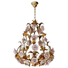Italian Brass Tole Chandelier with Yellow Porcelain Flowers