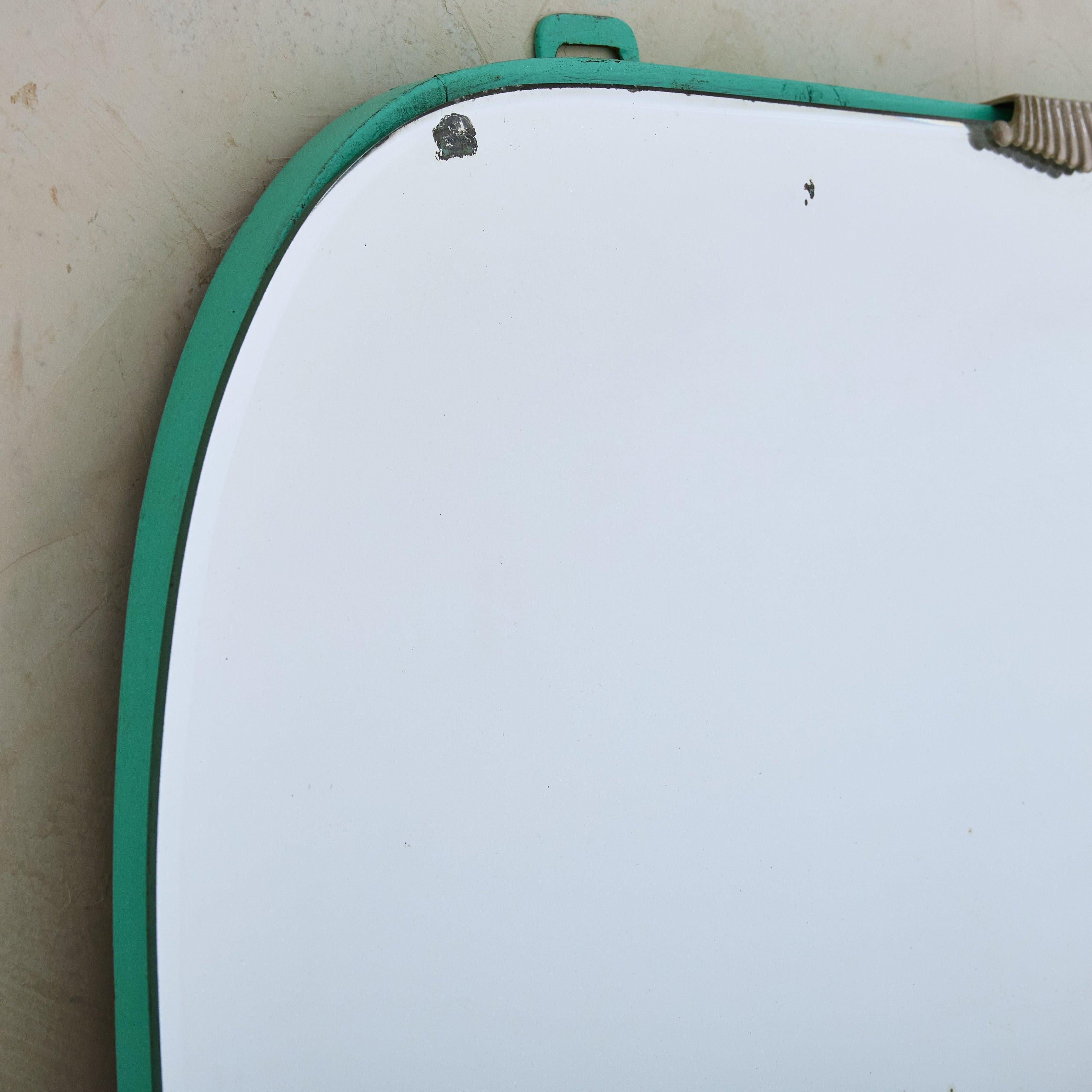 Mid-Century Modern Miroir mural italien en laiton et bois peint en turquoise, 1970 en vente
