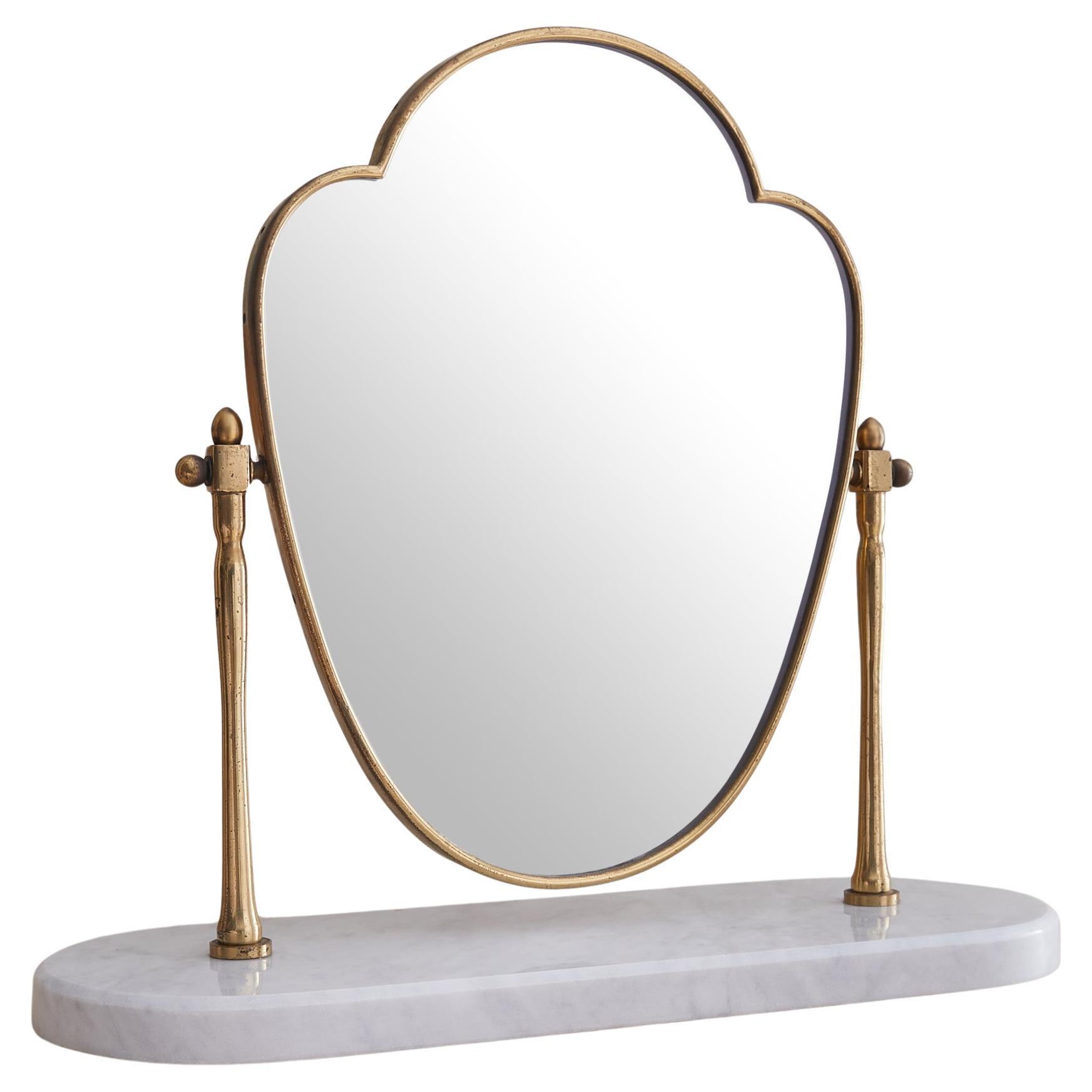 Italian Brass Vanity Mirror with White Marble Base, 1940s