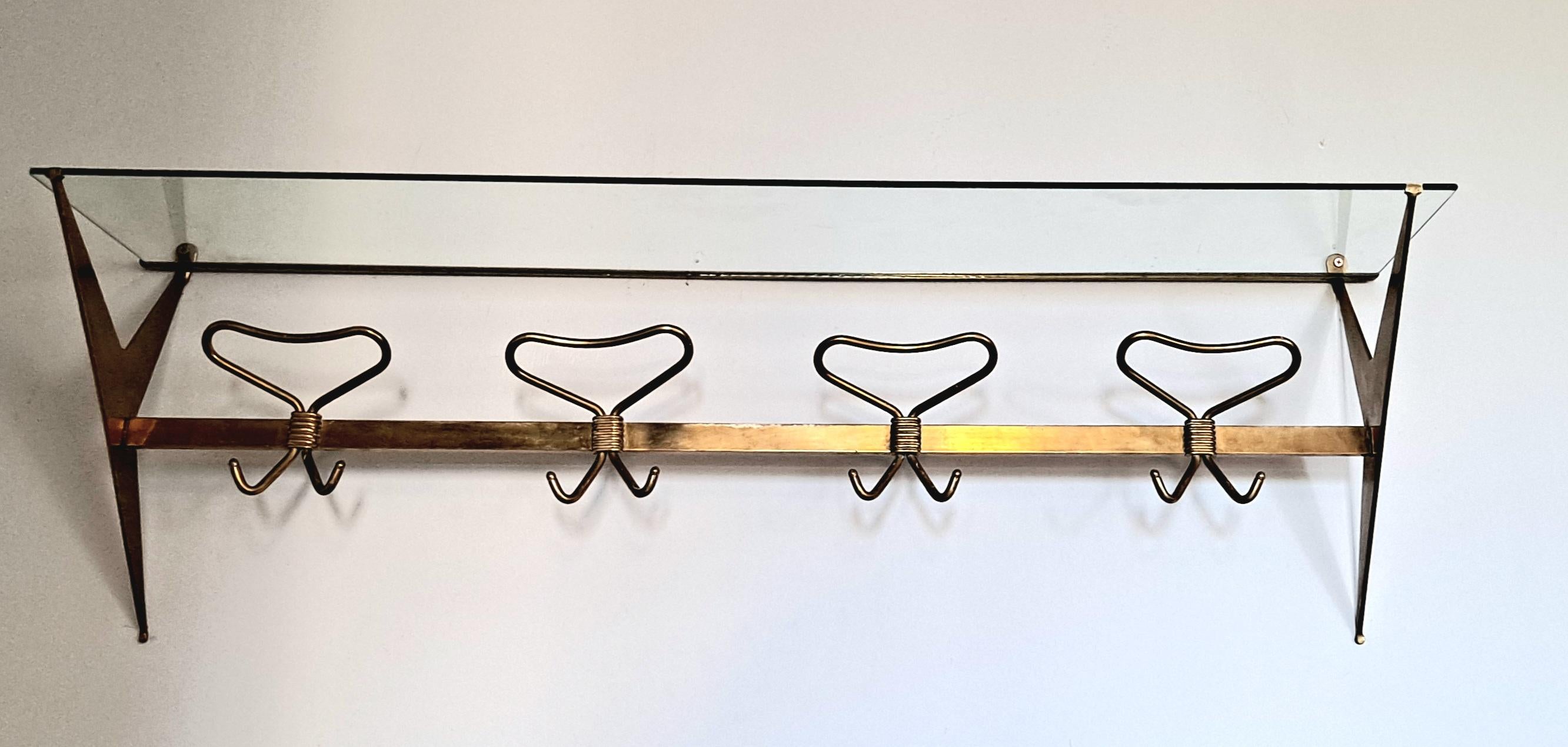 Mid-Century Modern  Italian Brass Wall Mounted Coat Rack Shelf  Attributed to Fontana Arte  For Sale