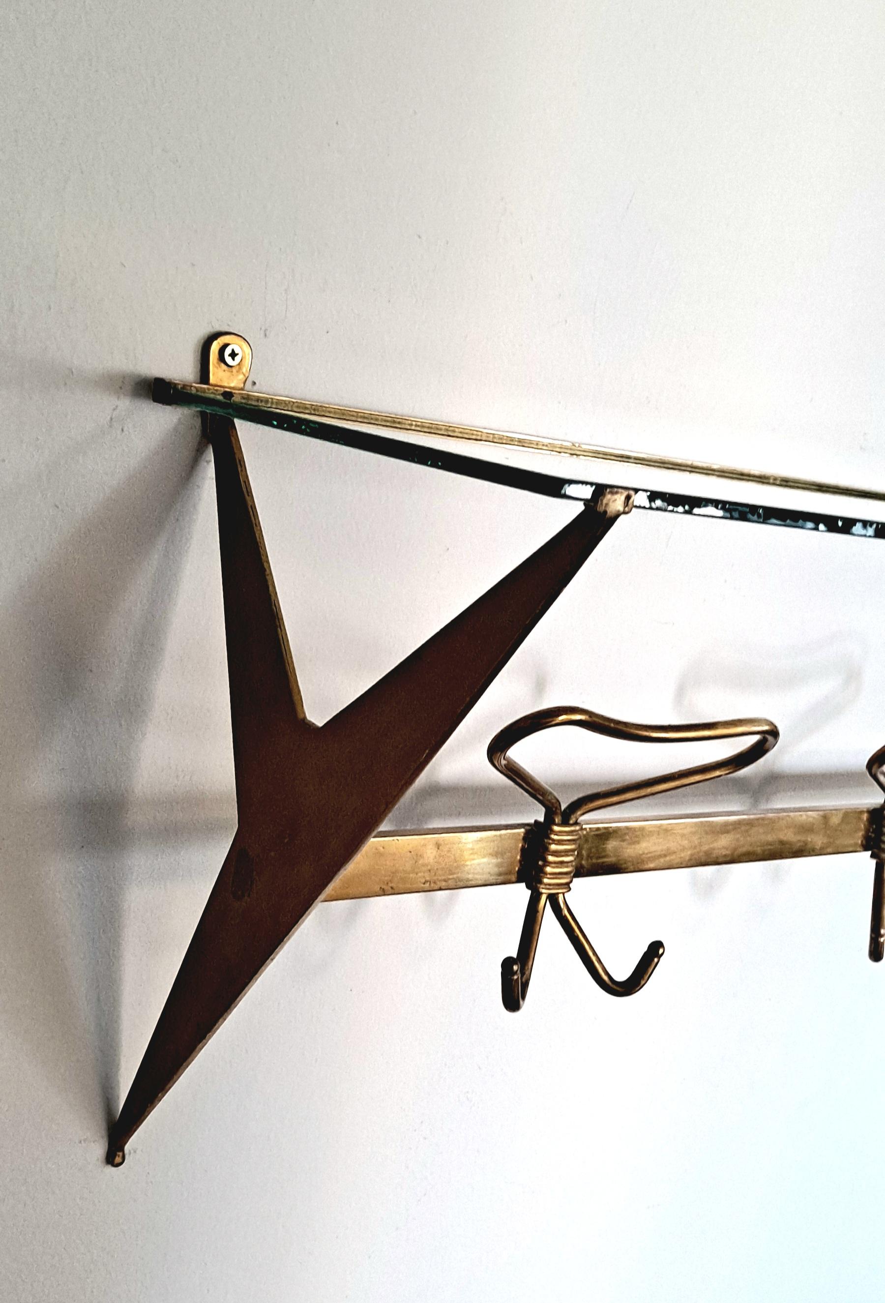  Italian Brass Wall Mounted Coat Rack Shelf  Attributed to Fontana Arte  In Good Condition For Sale In Los Angeles, CA