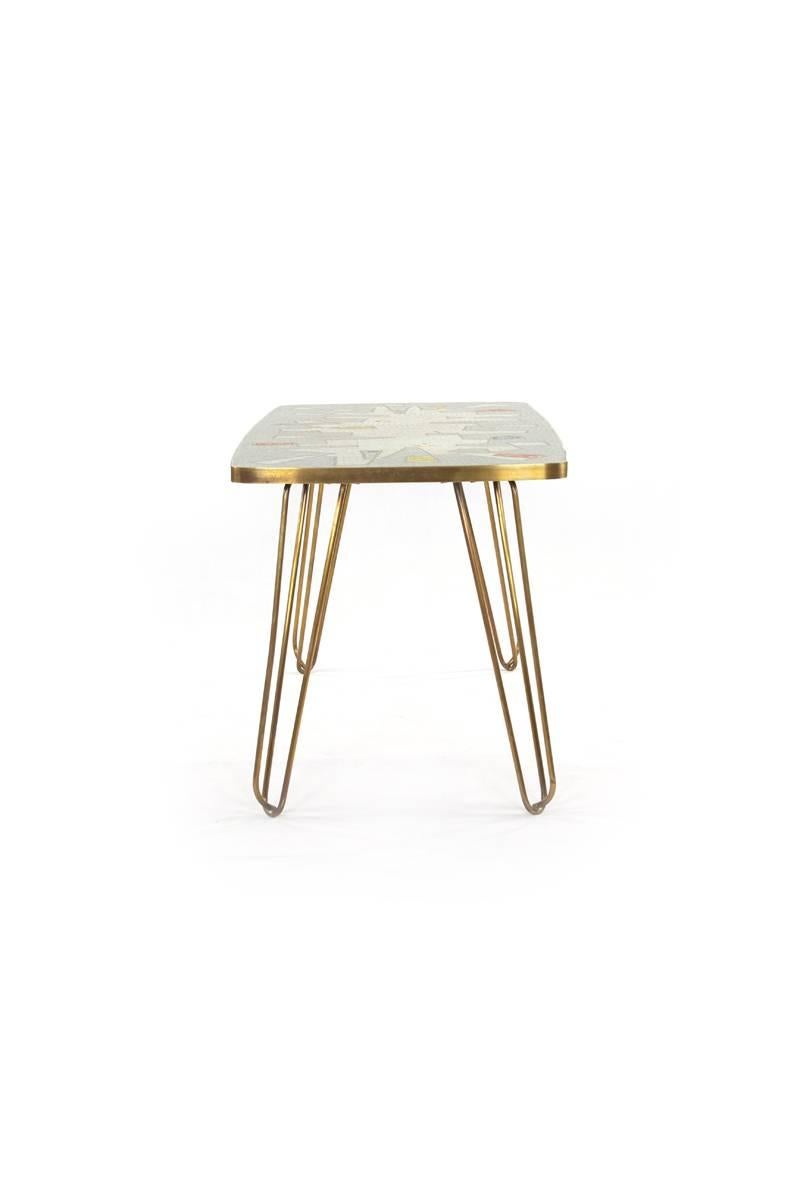 Mid-Century Modern German Brass, White, Grey, Blue and Yellow Glass Mosaic Side Table, 1950s