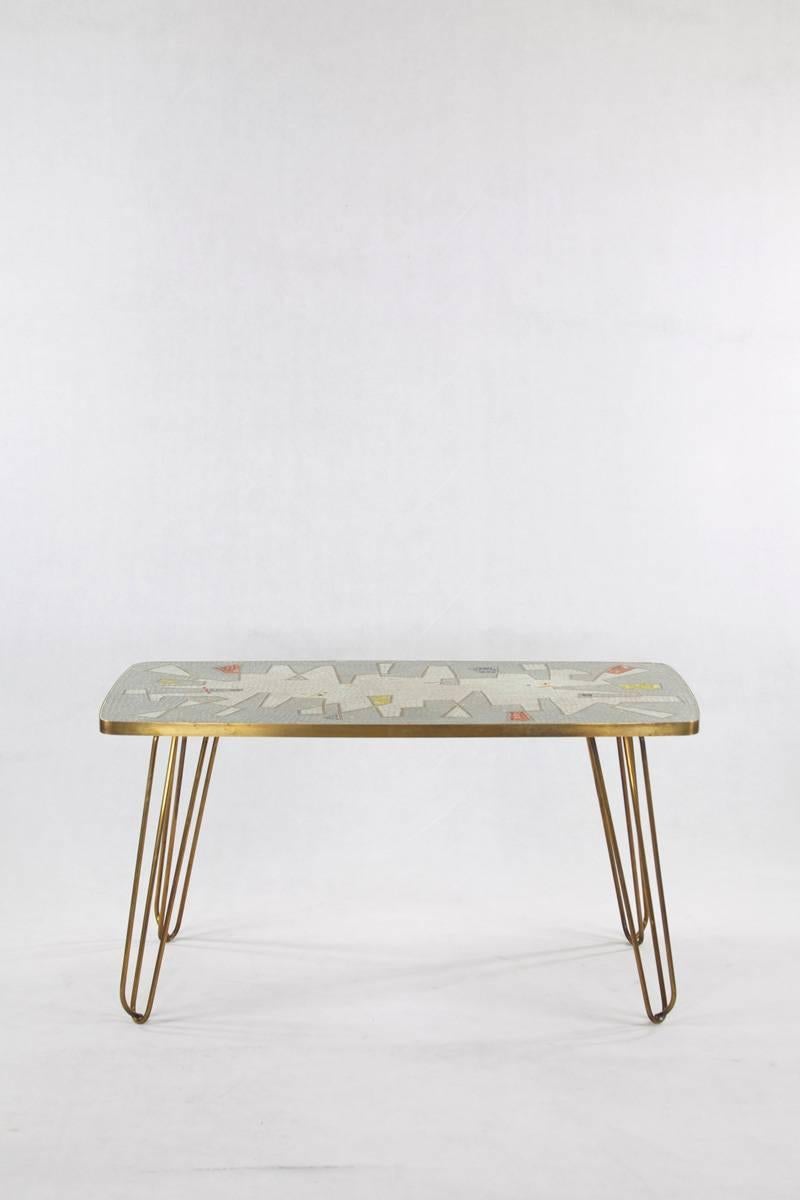 German Brass, White, Grey, Blue and Yellow Glass Mosaic Side Table, 1950s In Good Condition In Wolfurt, AT