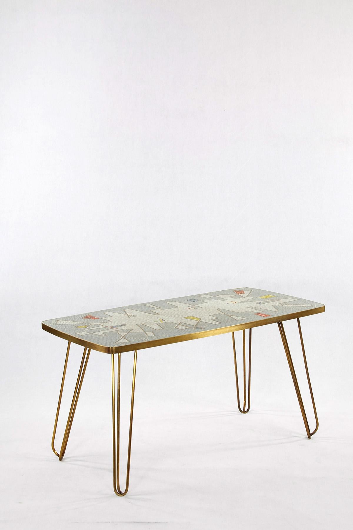 Mid-20th Century German Brass, White, Grey, Blue and Yellow Glass Mosaic Side Table, 1950s