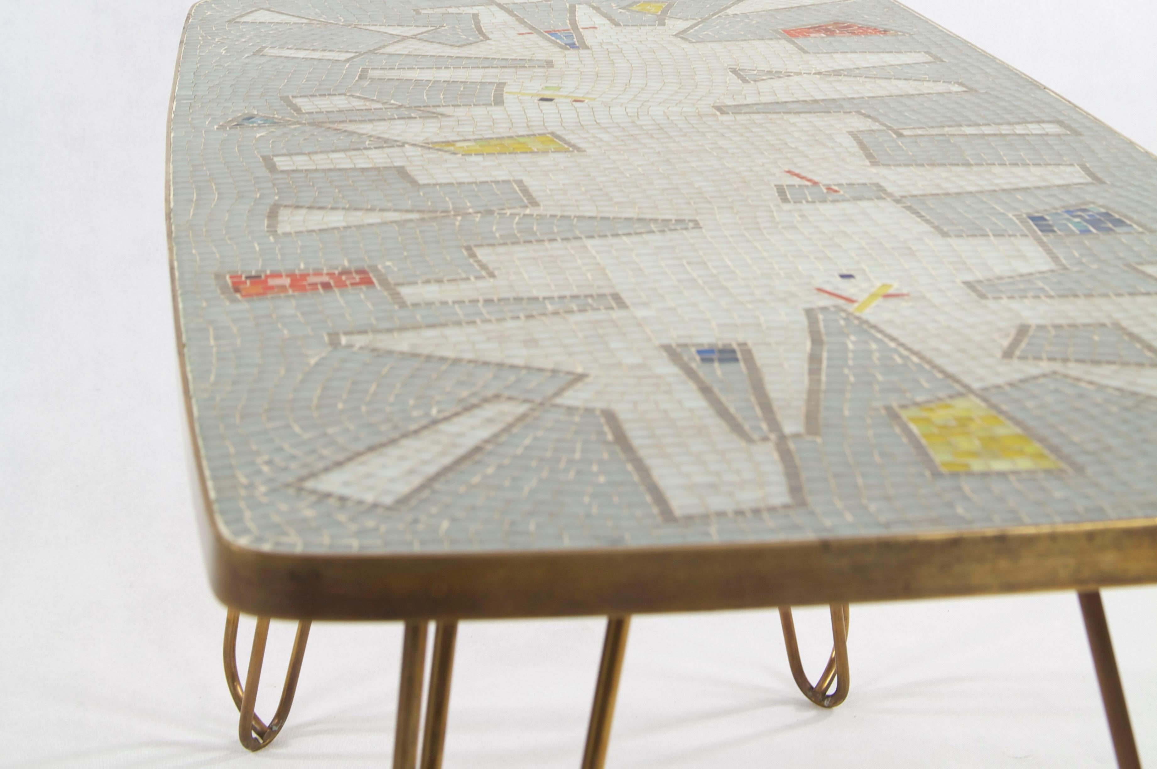 German Brass, White, Grey, Blue and Yellow Glass Mosaic Side Table, 1950s 3