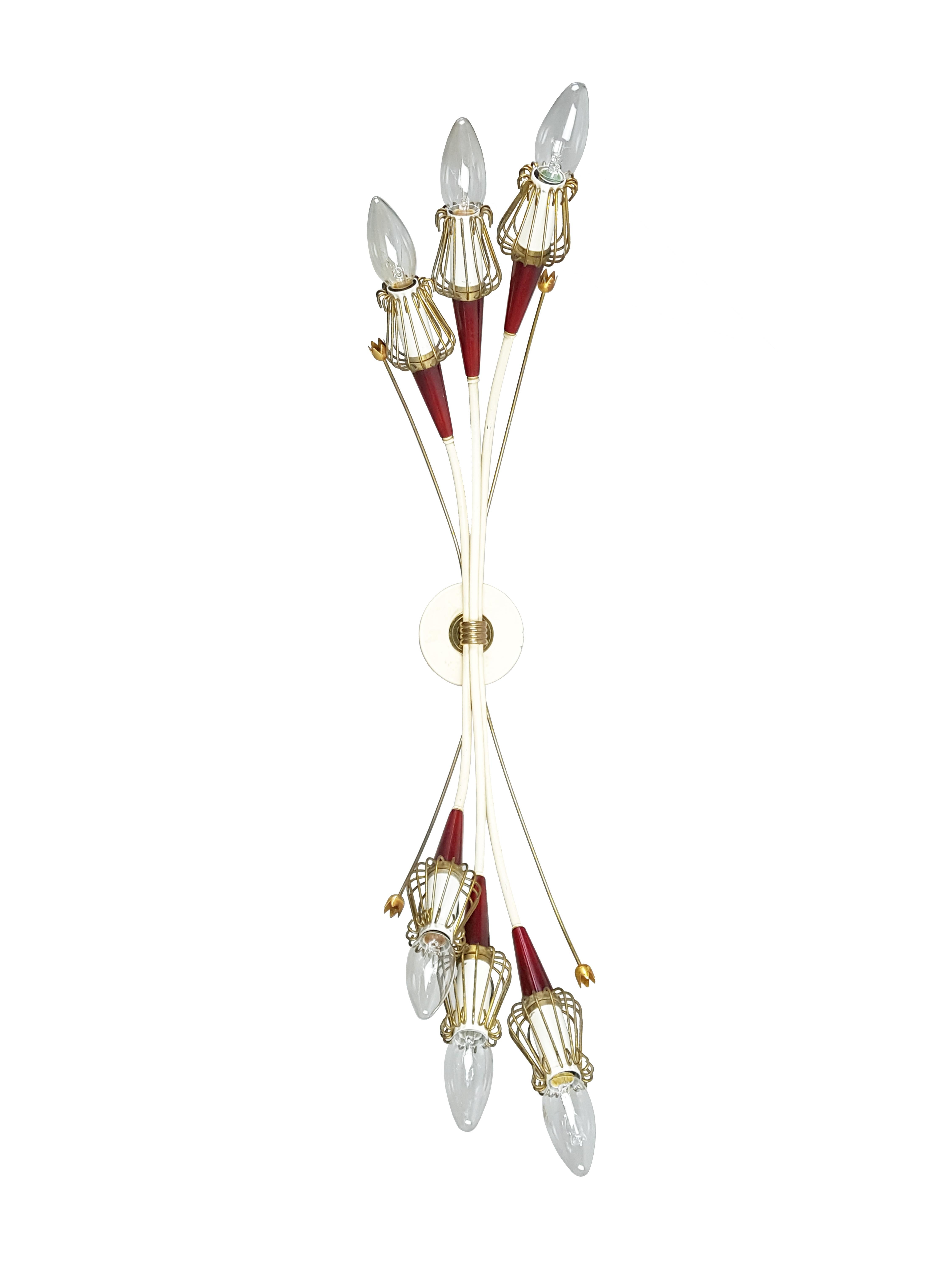 Italian Brass White Metal and Red Plastic 6-Lights Mid-Century Sconce 4