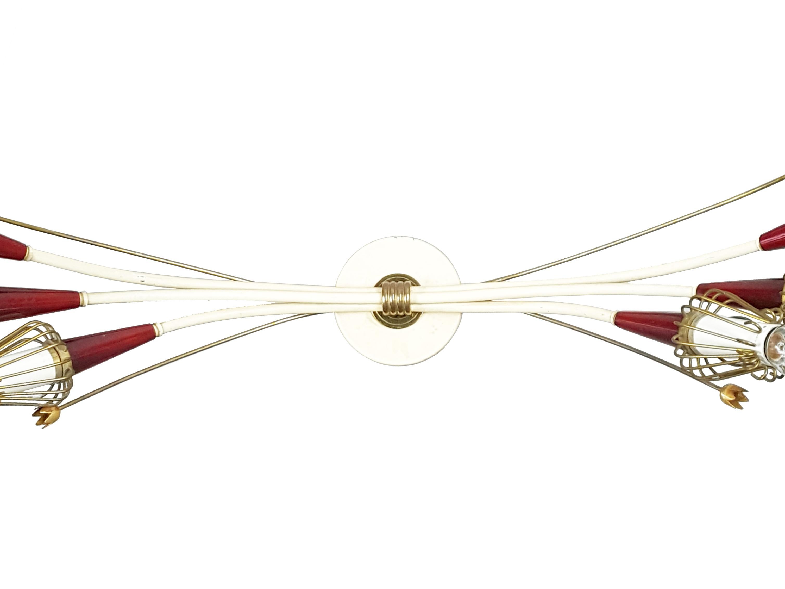 Italian Brass White Metal and Red Plastic 6-Lights Mid-Century Sconce In Good Condition In Varese, Lombardia