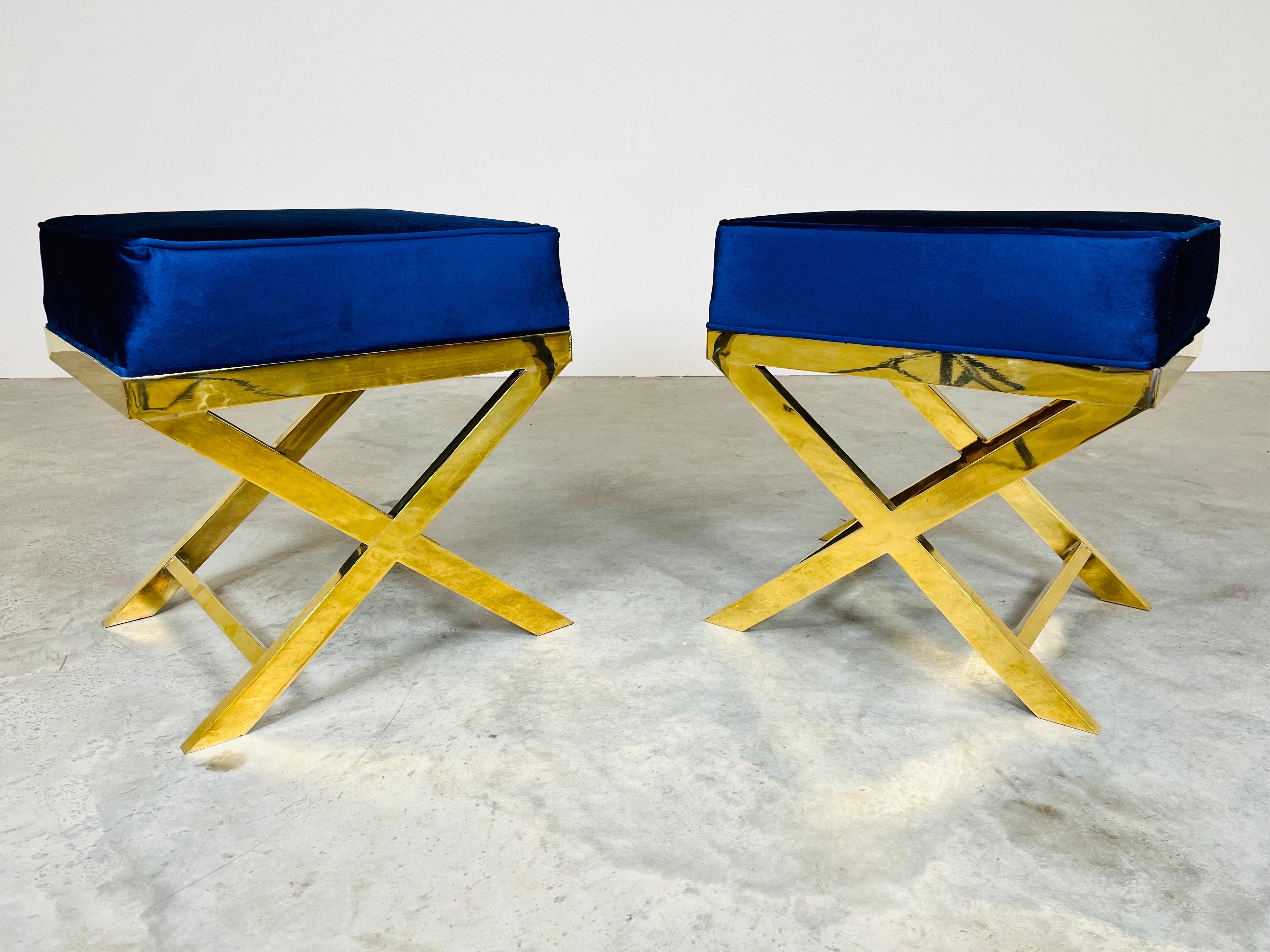 Mid-20th Century Italian Brass X-Base Stools After Charles Hollis Jones For Sale